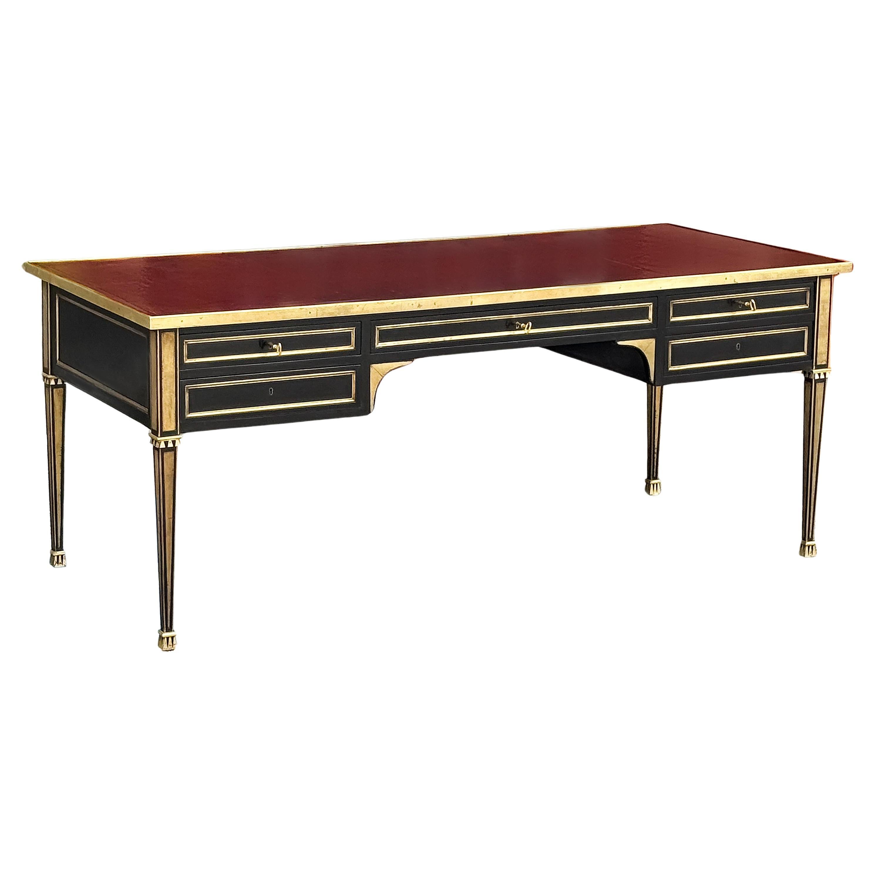 French Ebonized Louis XVI Bureau Plat or Writing Desk with Embossed Leather Top For Sale
