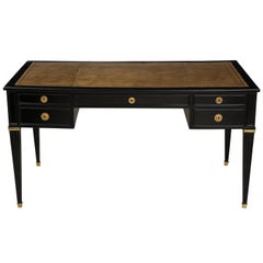 French Ebonized Louis XVI-Style Leather-Top Bureau Plat Desk