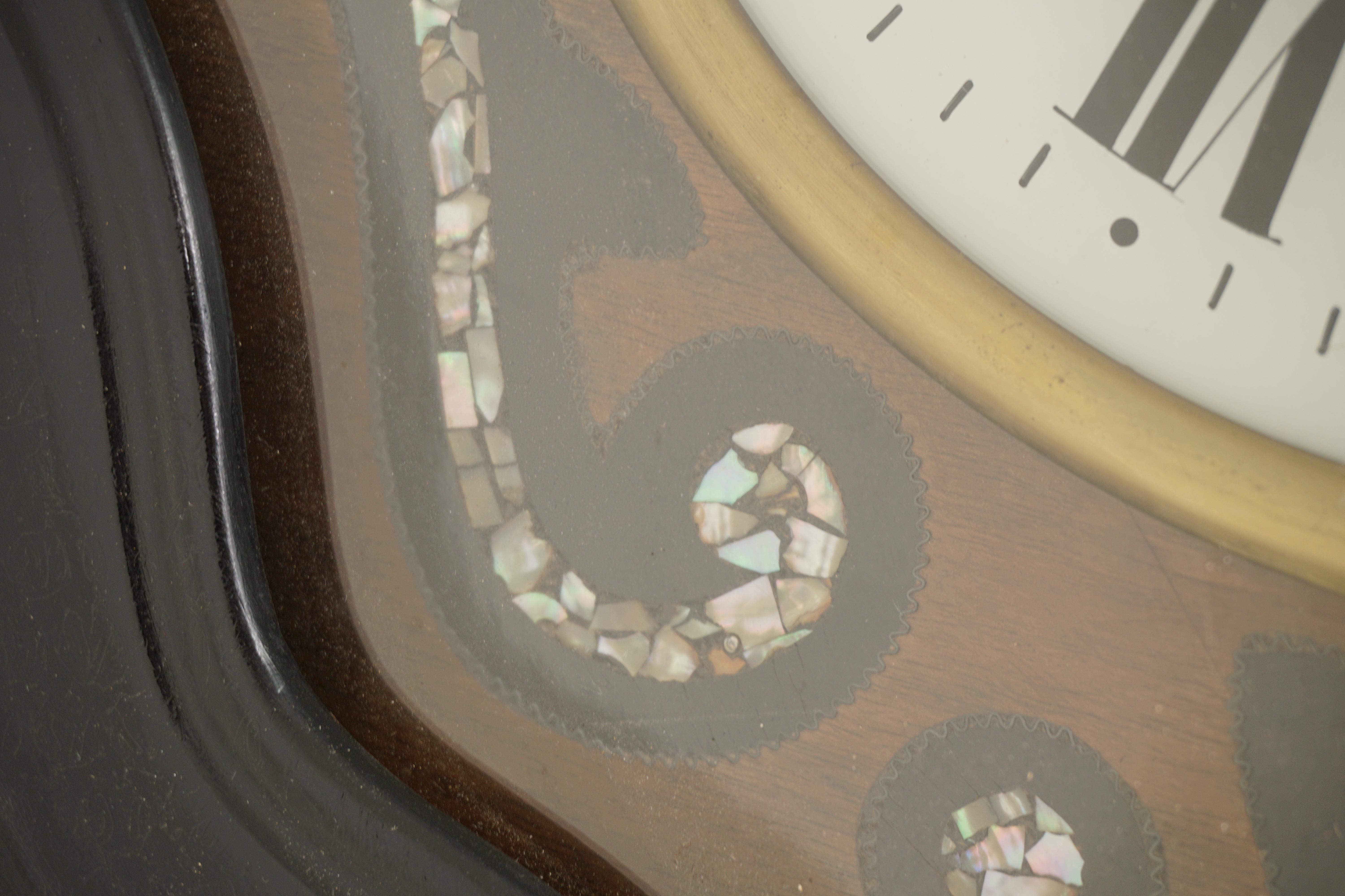 German French Ebonized Mother of Pearl Wall Clock 8 Day Movement, France 1880, H680 For Sale