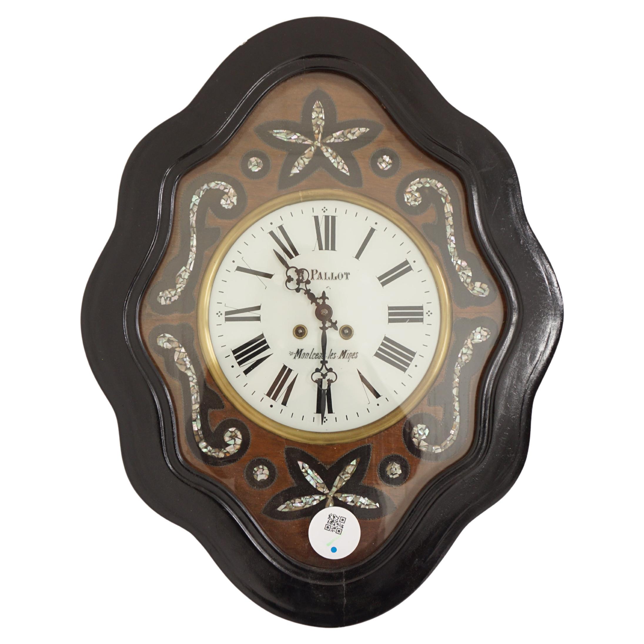 French Ebonized Mother of Pearl Wall Clock 8 Day Movement, France 1880, H680 For Sale