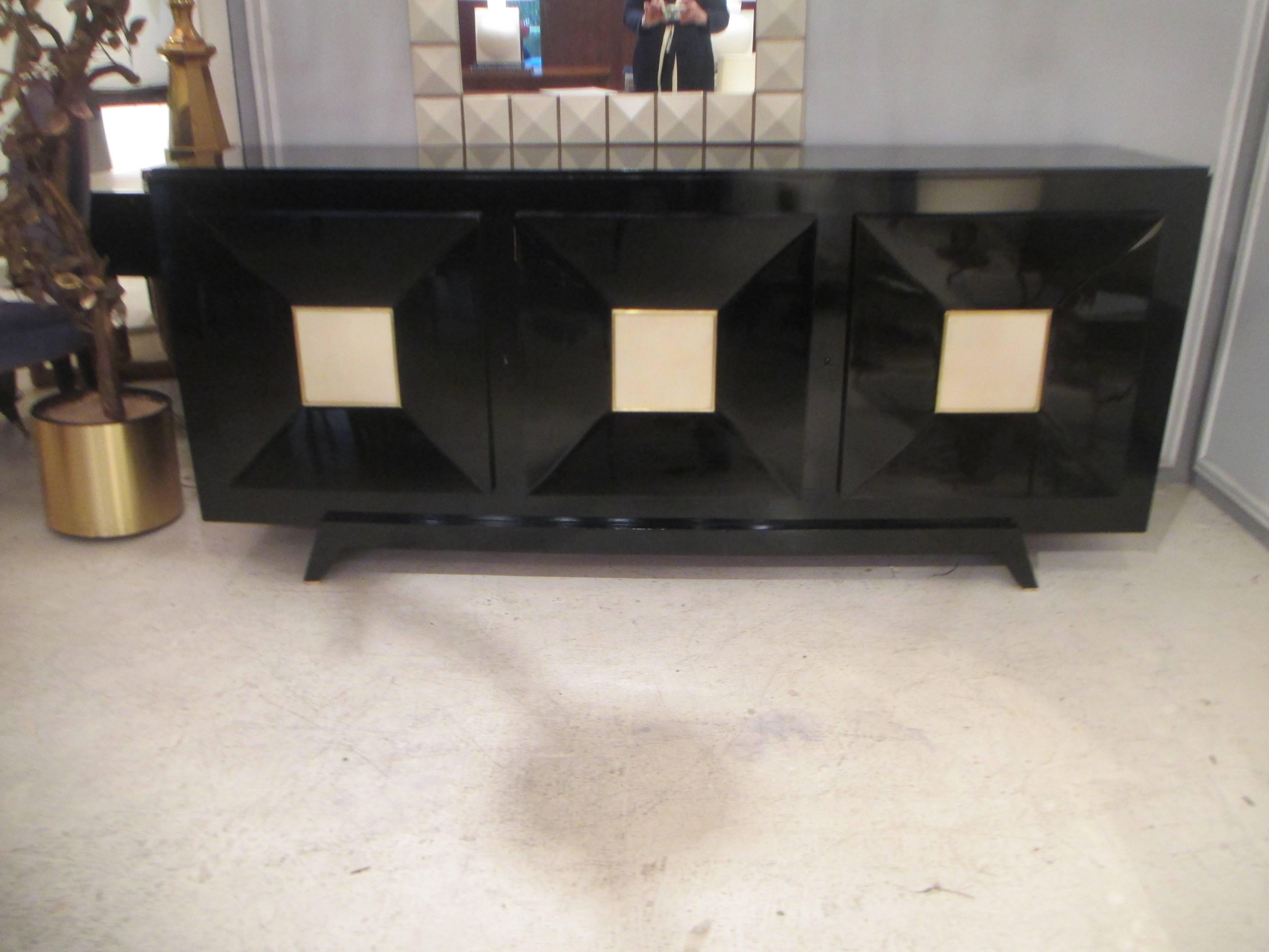 French Ebonized Sideboard with Parchment Doors In Excellent Condition In New York, NY