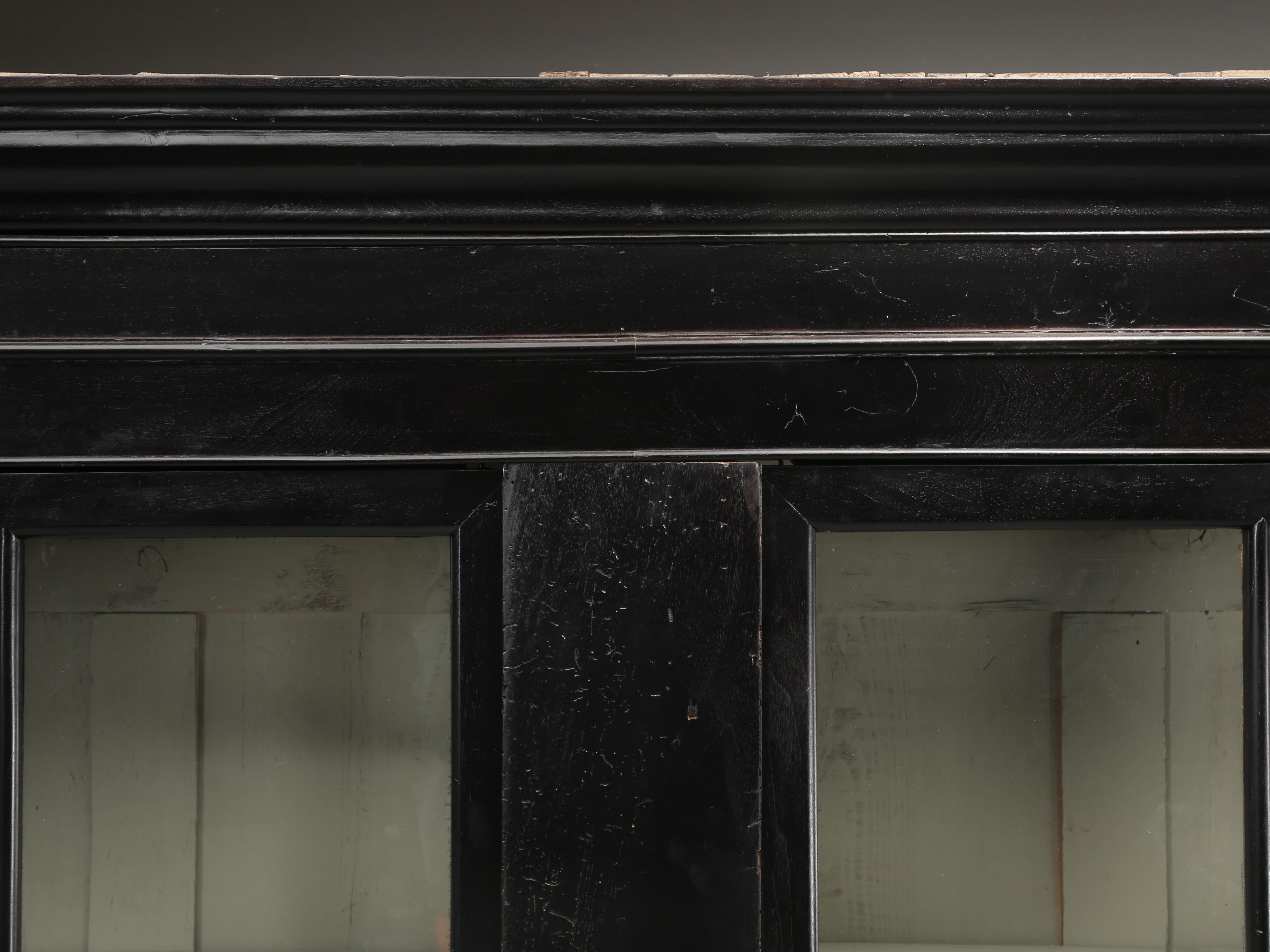 Country French Ebonized Walnut Bookcase of Grand Proportions Restored Original Glass  For Sale
