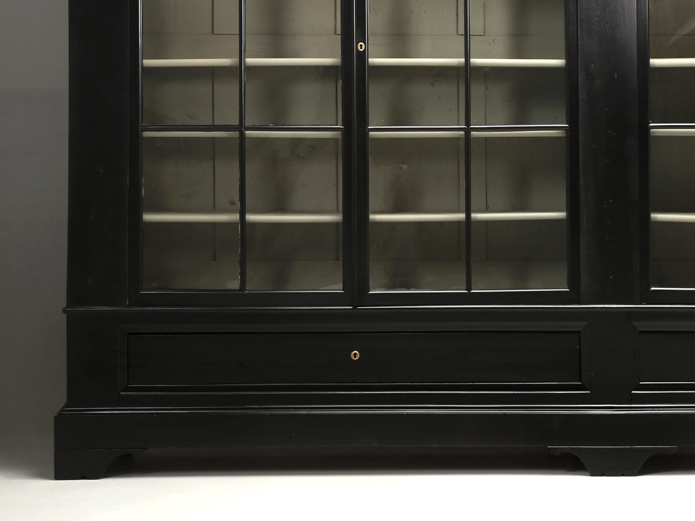 Brass French Ebonized Walnut Bookcase of Grand Proportions Restored Original Glass  For Sale