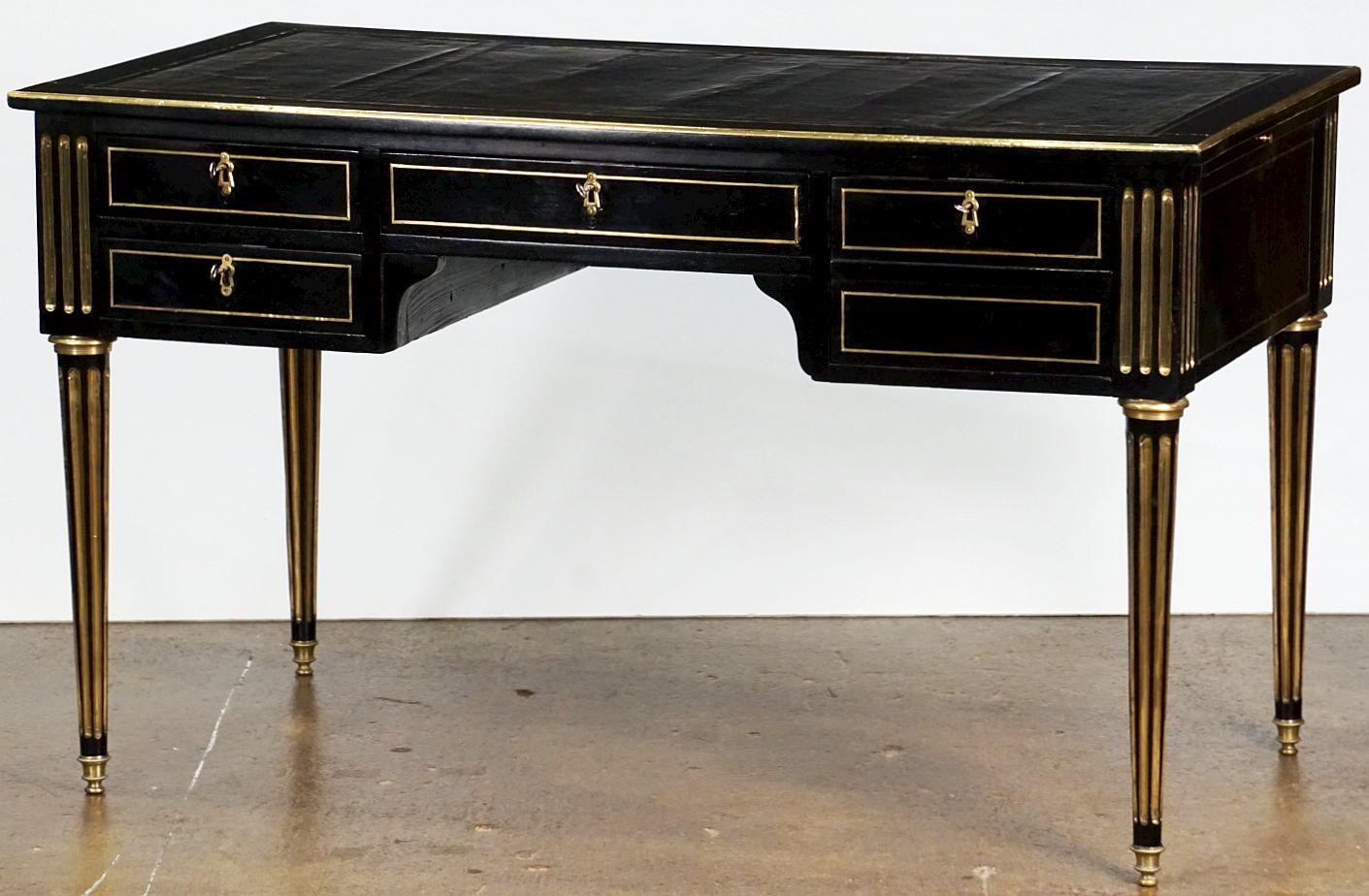 French Ebonized Writing Desk with Embossed Leather Top In Good Condition In Austin, TX