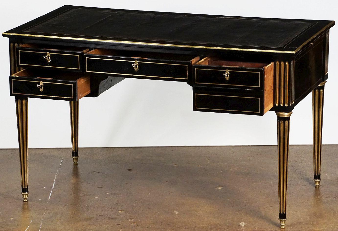 19th Century French Ebonized Writing Desk with Embossed Leather Top
