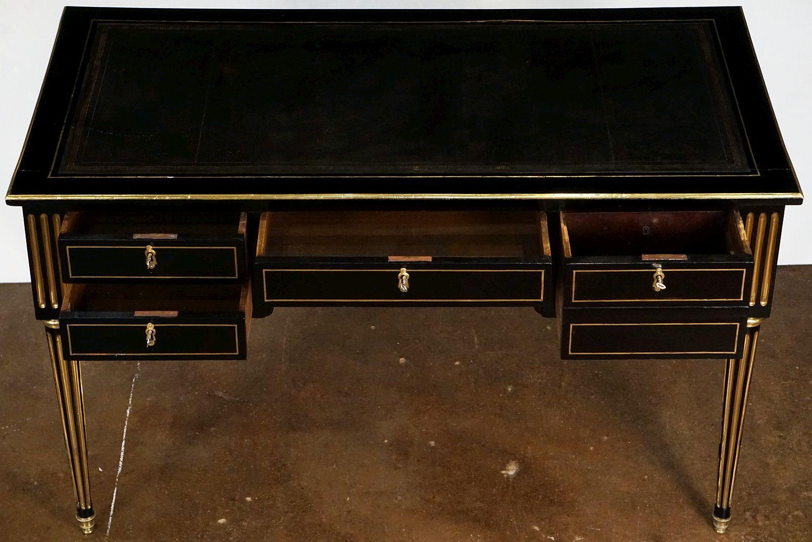 Metal French Ebonized Writing Desk with Embossed Leather Top
