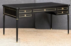 French Ebonized Writing Table or Desk with Embossed Leather Top with Side Leaves