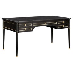 French Ebonized Writing Table or Desk with Embossed Leather Top with Side Leaves