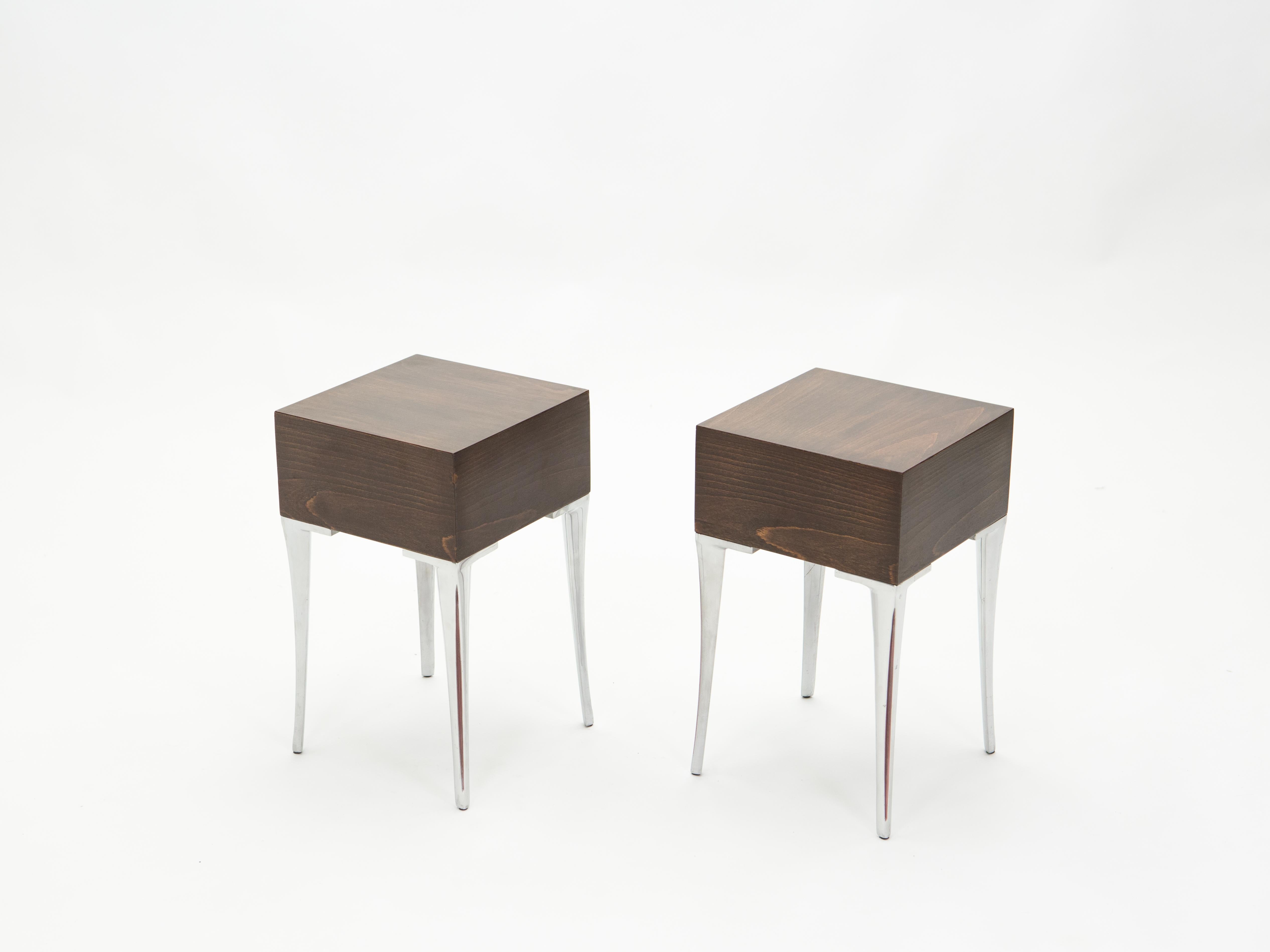 Mid-Century Modern French Ebony Steel End Tables Nightstands, 1970s For Sale