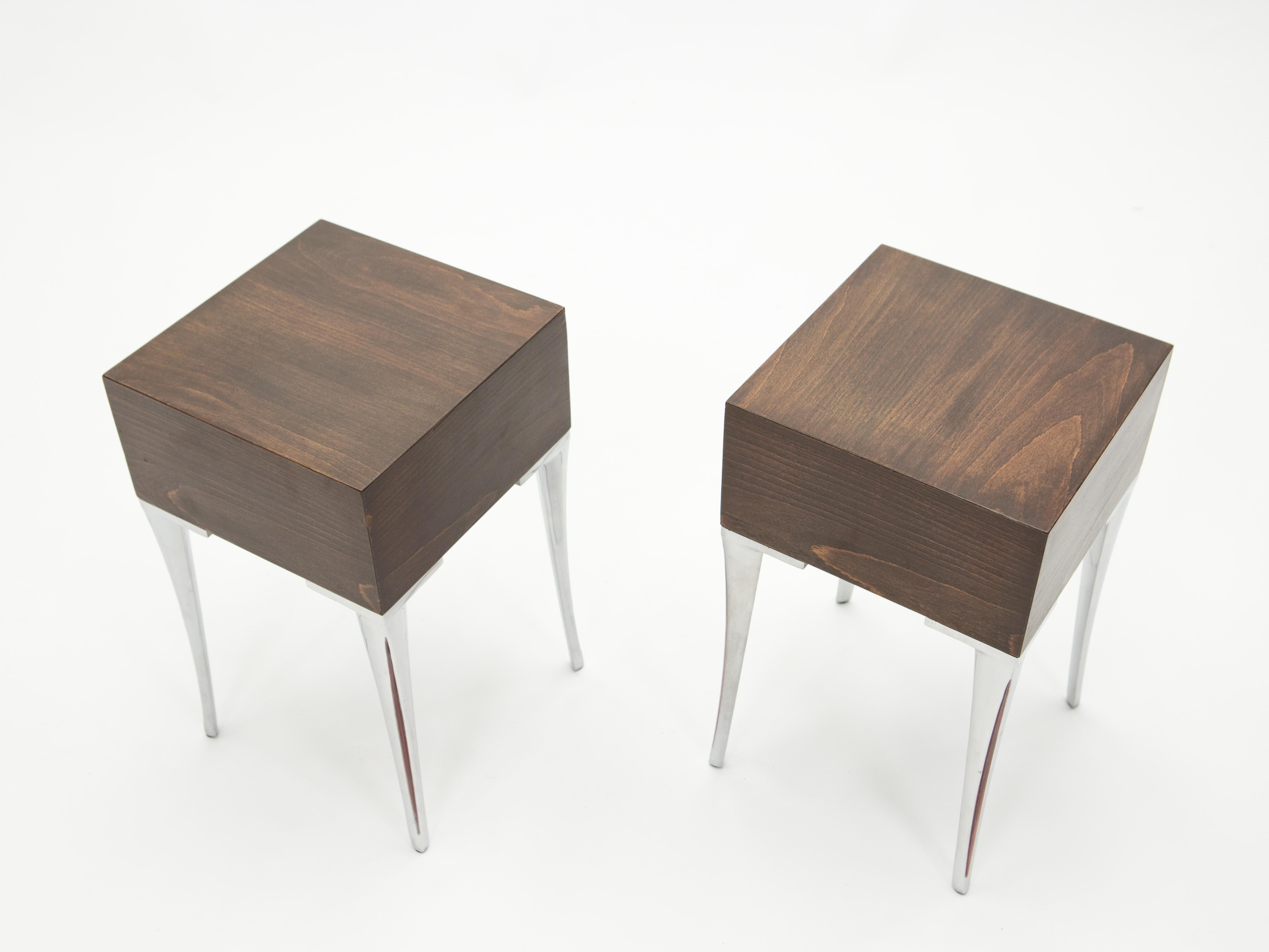 French Ebony Steel End Tables Nightstands, 1970s In Good Condition For Sale In Paris, IDF