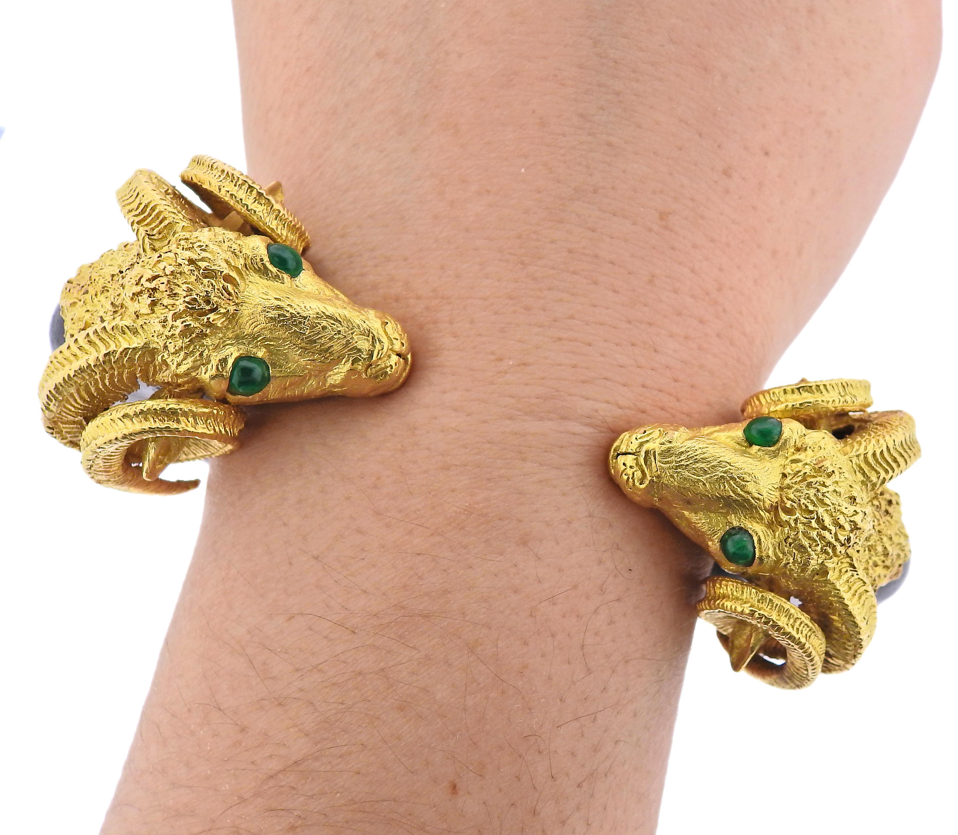 Cabochon French Ebony Wood Emerald Gold Ram's Head Cuff Bracelet