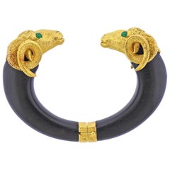French Ebony Wood Emerald Gold Ram's Head Cuff Bracelet