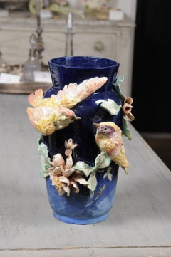 French Ecole d'Auteuil Impressionist Late 19th Century Floral Vase with Birds