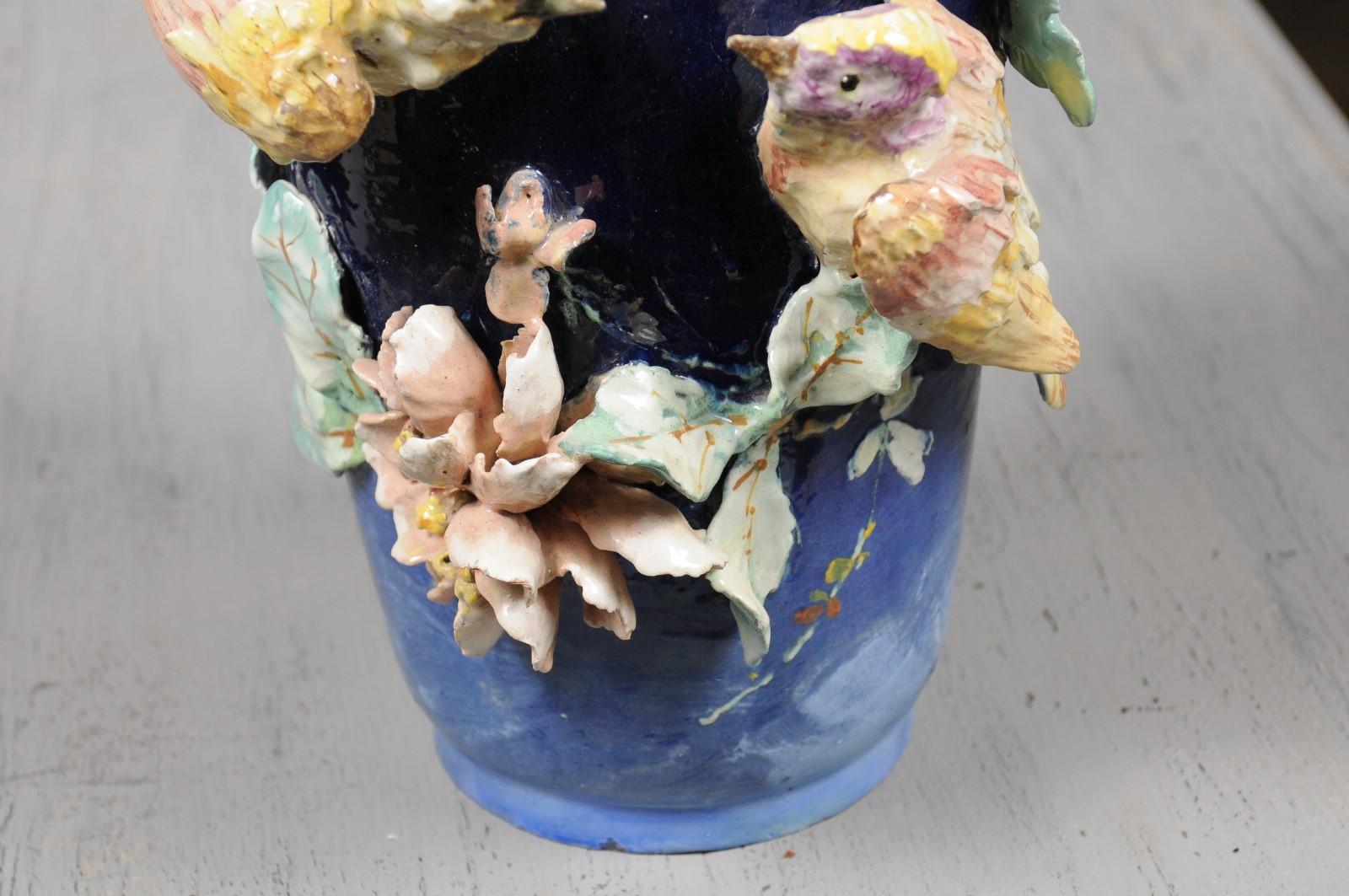 Ceramic French Ecole d'Auteuil Impressionist Late 19th Century Floral Vase with Birds