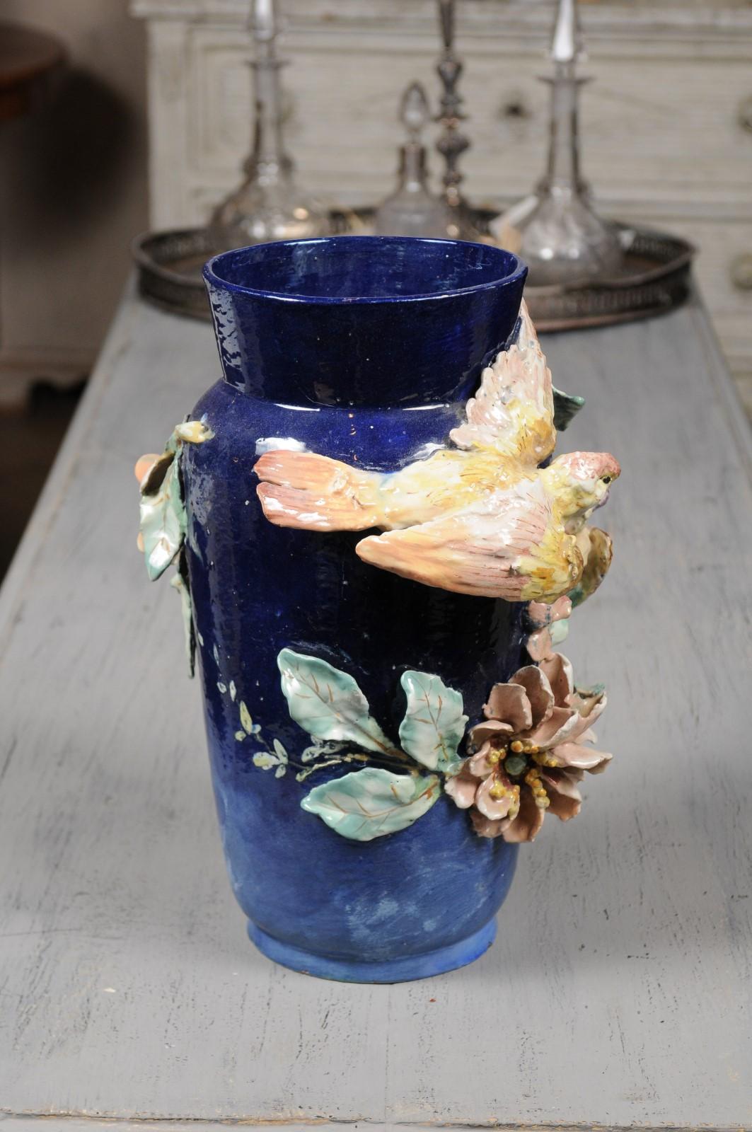 French Ecole d'Auteuil Impressionist Late 19th Century Floral Vase with Birds 1