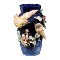 French Ecole d'Auteuil Impressionist Late 19th Century Floral Vase with Birds