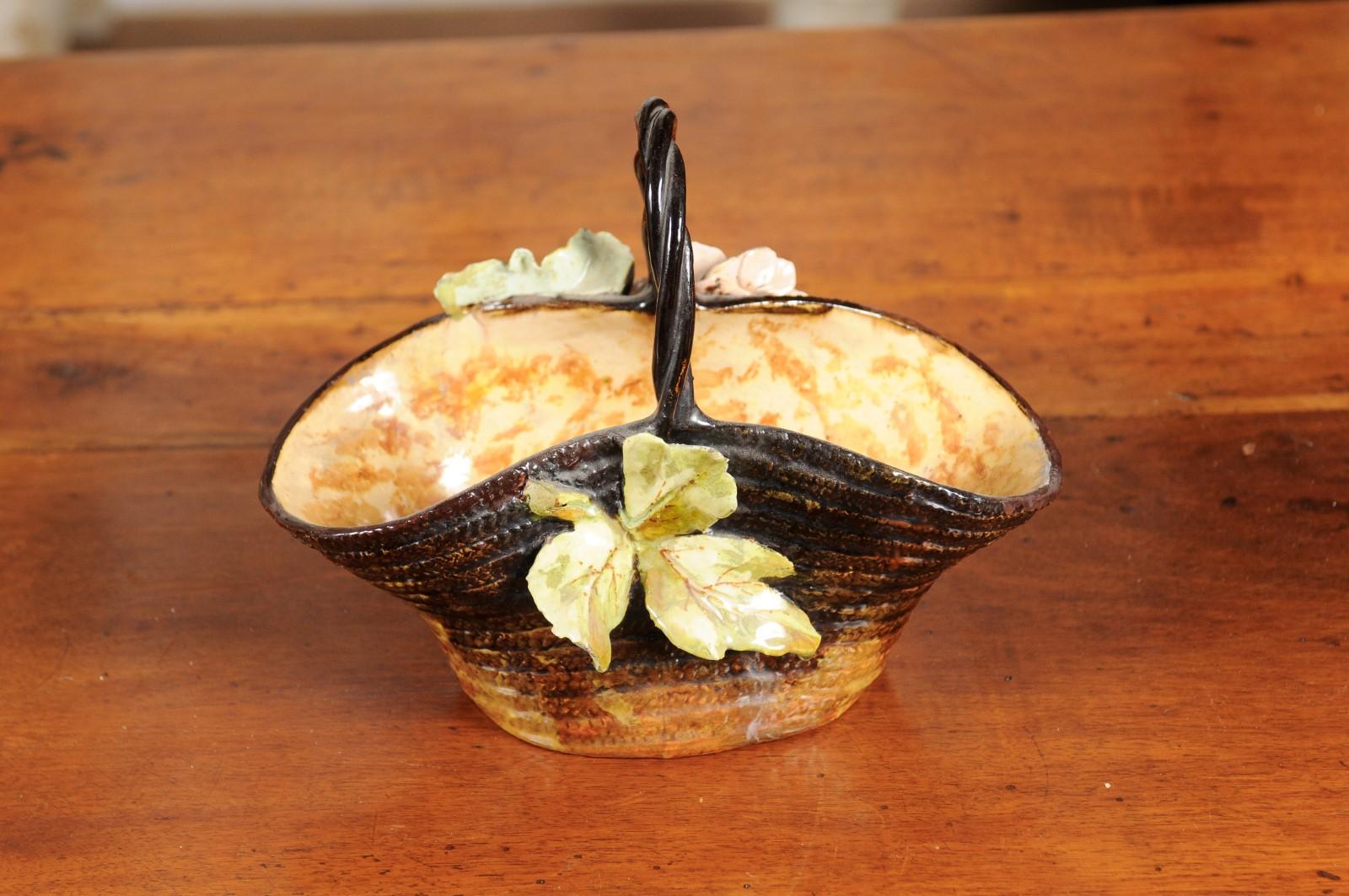 Ceramic French Ecole de Fontainebleau Barbotine Jardinière Basket with Floral Décor For Sale