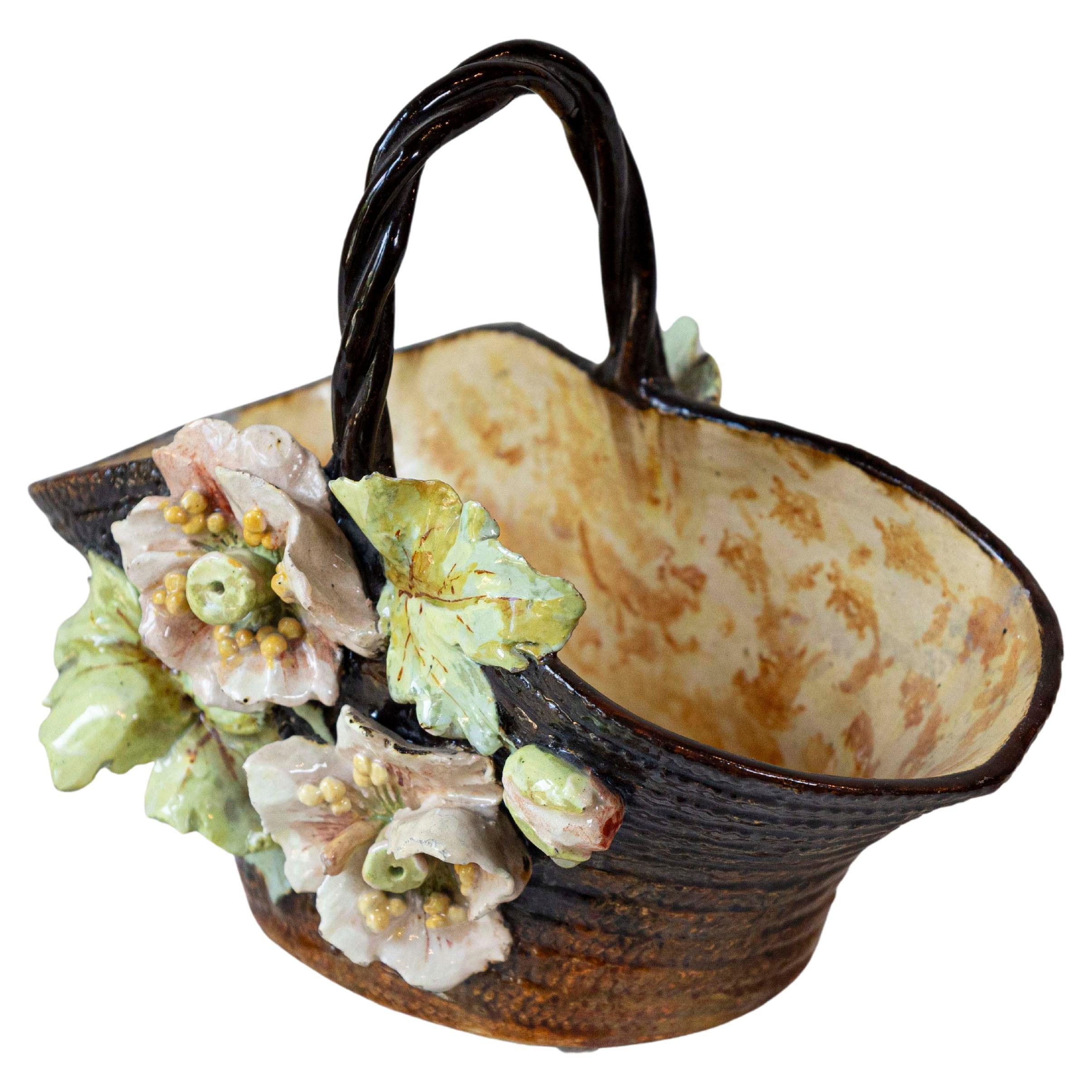 French Ecole de Fontainebleau Barbotine Jardinière Basket with Floral Décor