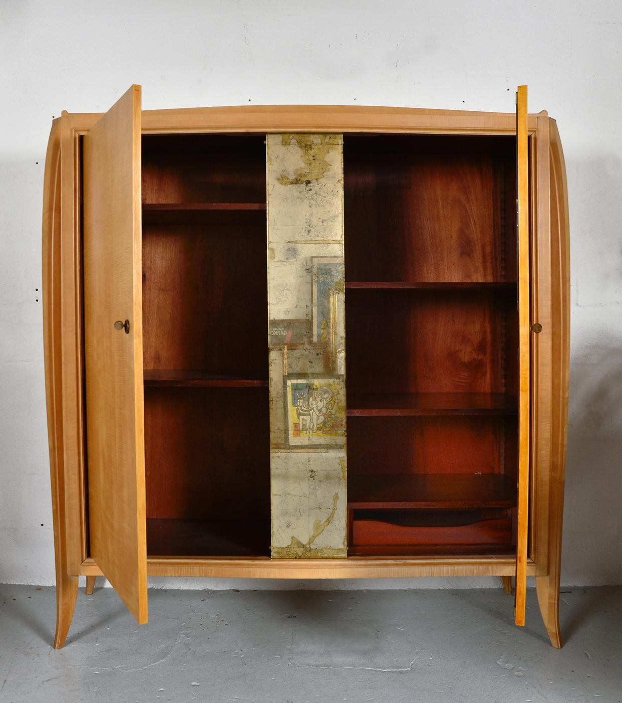 Art Deco French Editions AV Burr Maple Wardrobe with Mirror Panel, 1940's For Sale