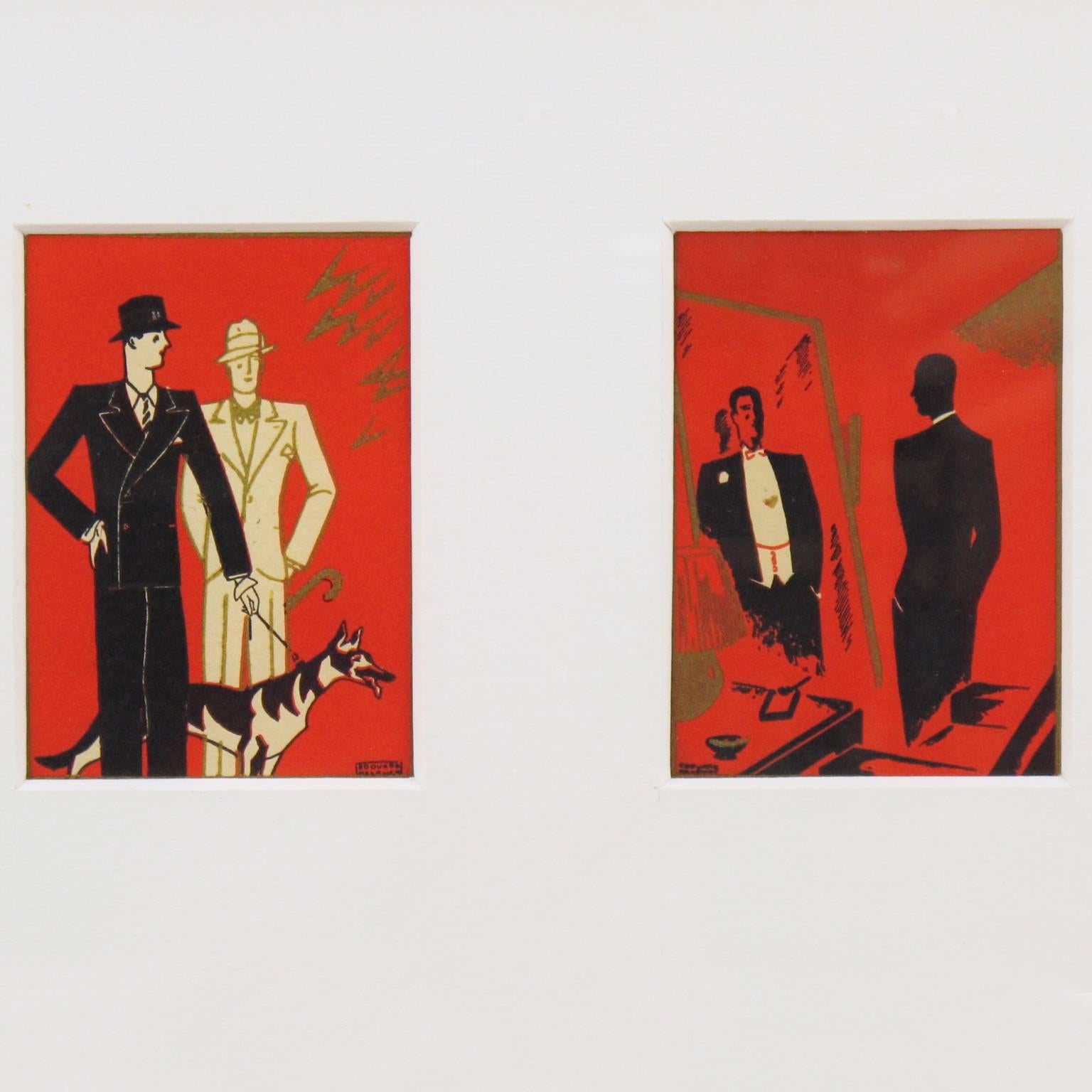 Stunning French Art Deco original illustration or drawing, set of four, with Chinese ink and gilt paint on red paper by Edouard Halouze. Featuring men’s fashion and scenes or what we can named: 'Art Deco Life as a Dandy'. Each drawing is signed