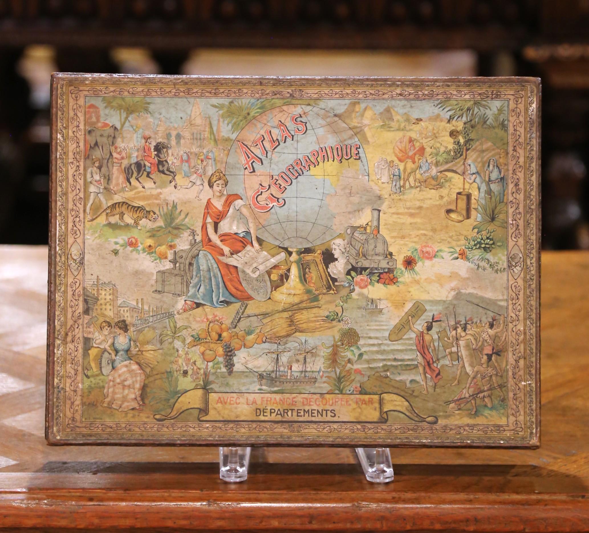 Belle Époque French Educational Atlas Geographique Puzzle Box with Maps, Dated 1903 For Sale