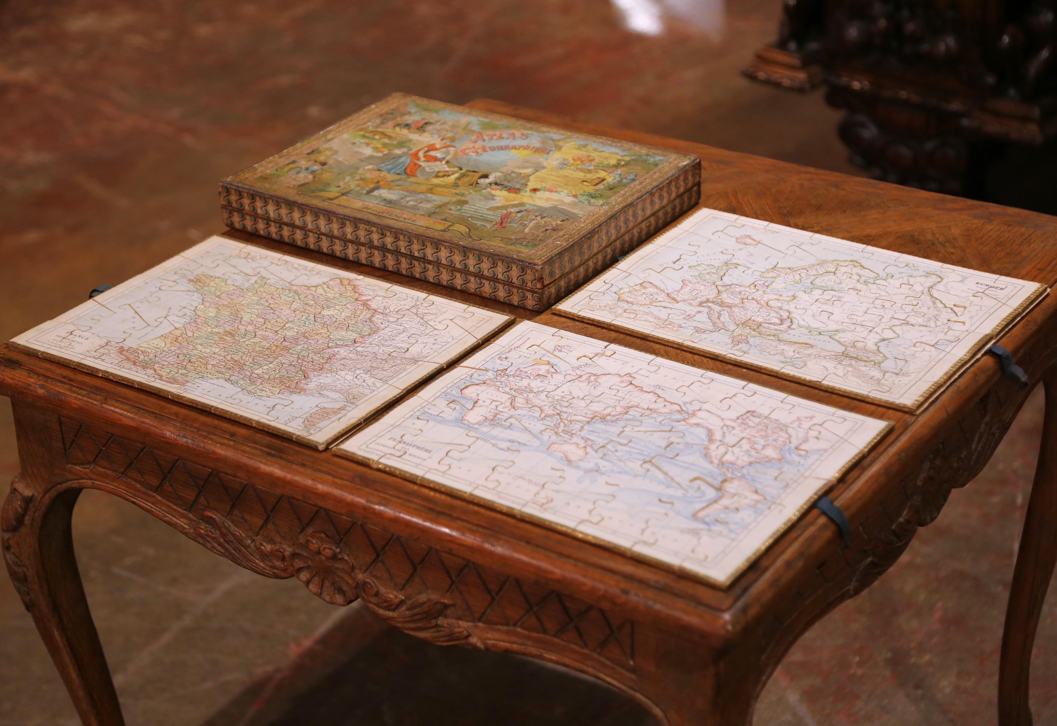 Hand-Crafted French Educational Atlas Geographique Puzzle Box with Maps, Dated 1903 For Sale