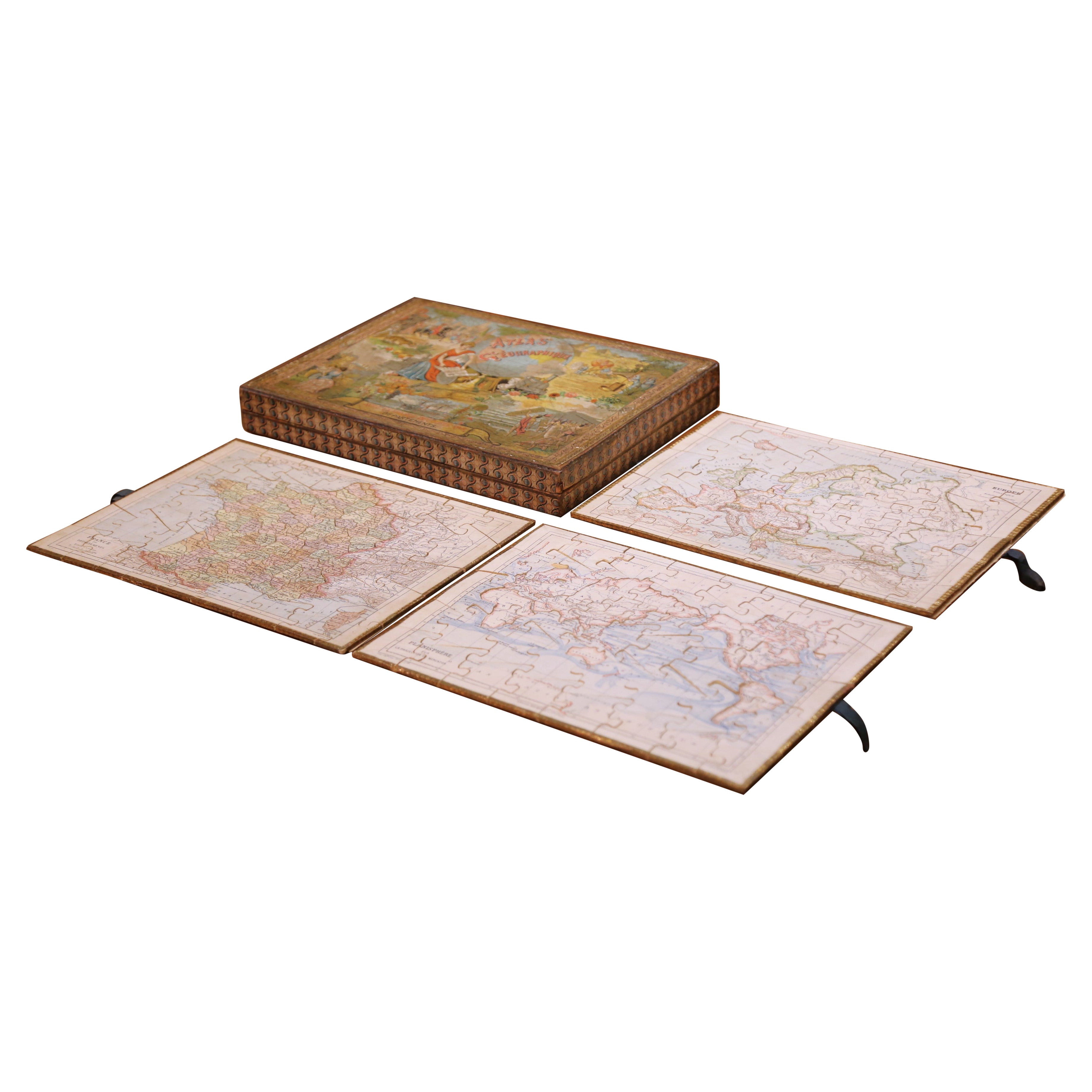 French Educational Atlas Geographique Puzzle Box with Maps, Dated 1903 For Sale