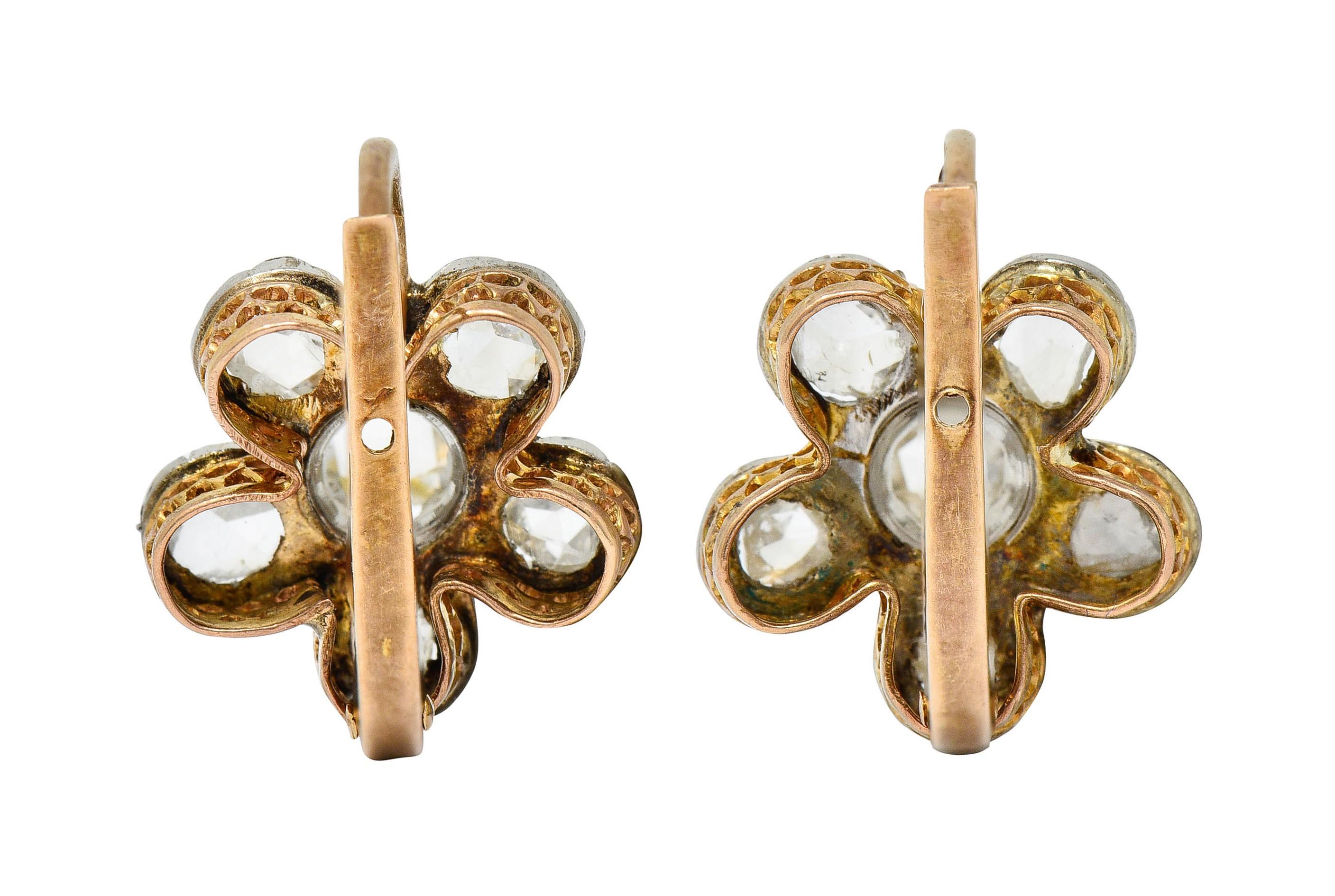 Rose Cut French Edwardian 1.45 Carats Diamond Platinum 18 Karat Gold Floral Earrings