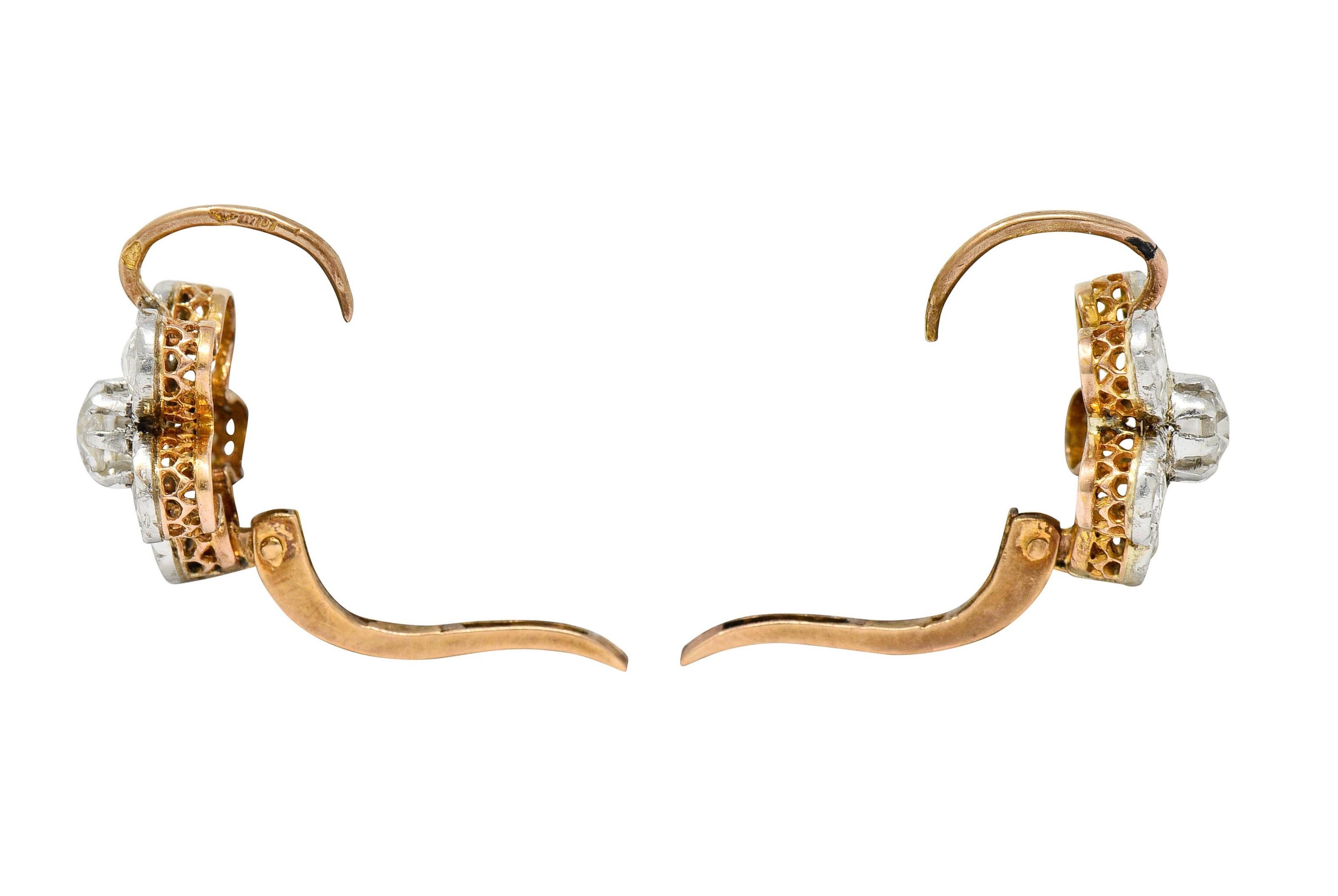 Women's or Men's French Edwardian 1.45 Carats Diamond Platinum 18 Karat Gold Floral Earrings