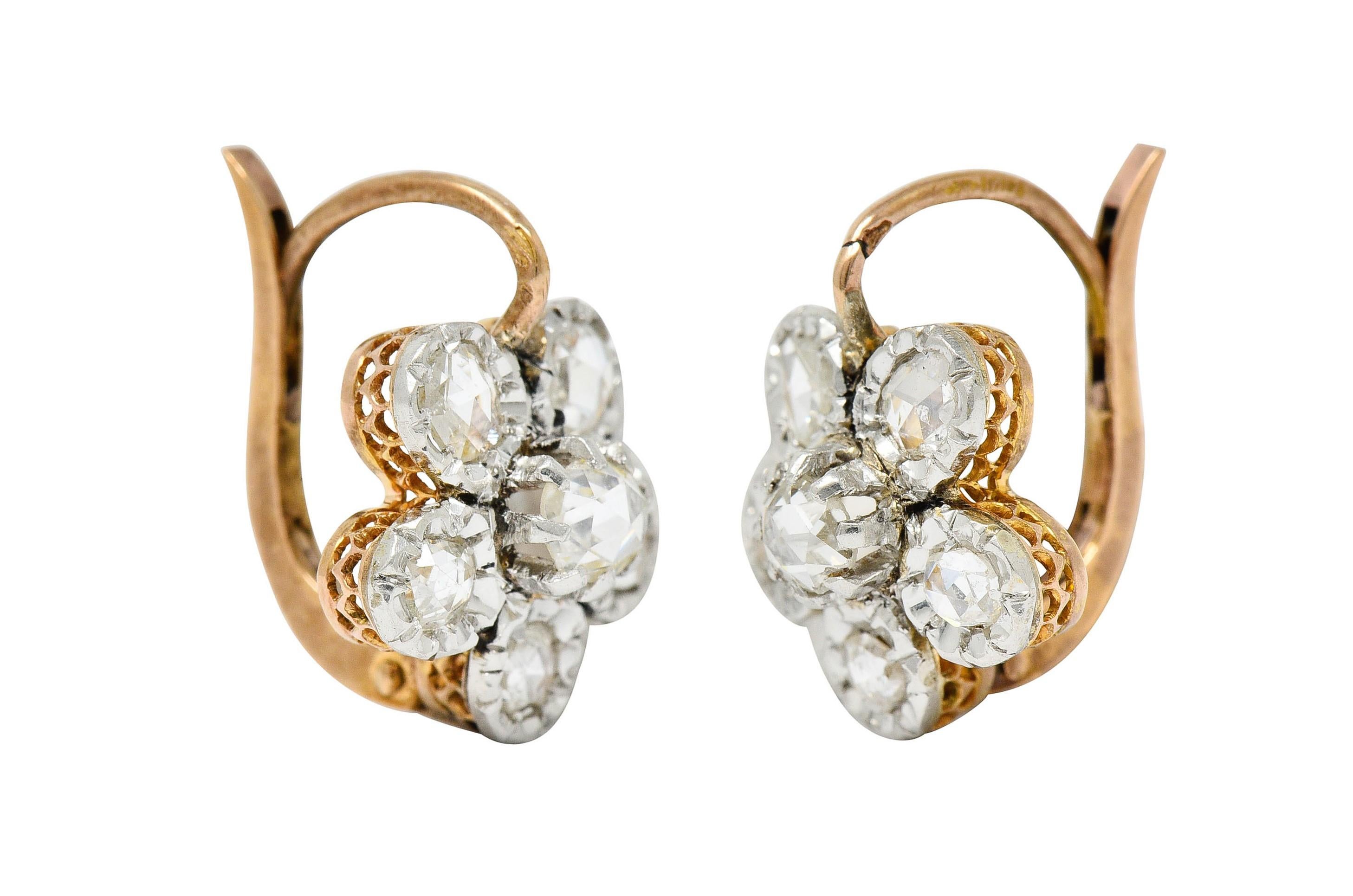 French Edwardian 1.45 Carats Diamond Platinum 18 Karat Gold Floral Earrings 1