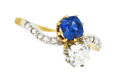 French Edwardian 1.47 Carats Sapphire Diamond PlatinumToi Et Moi Antique Ring