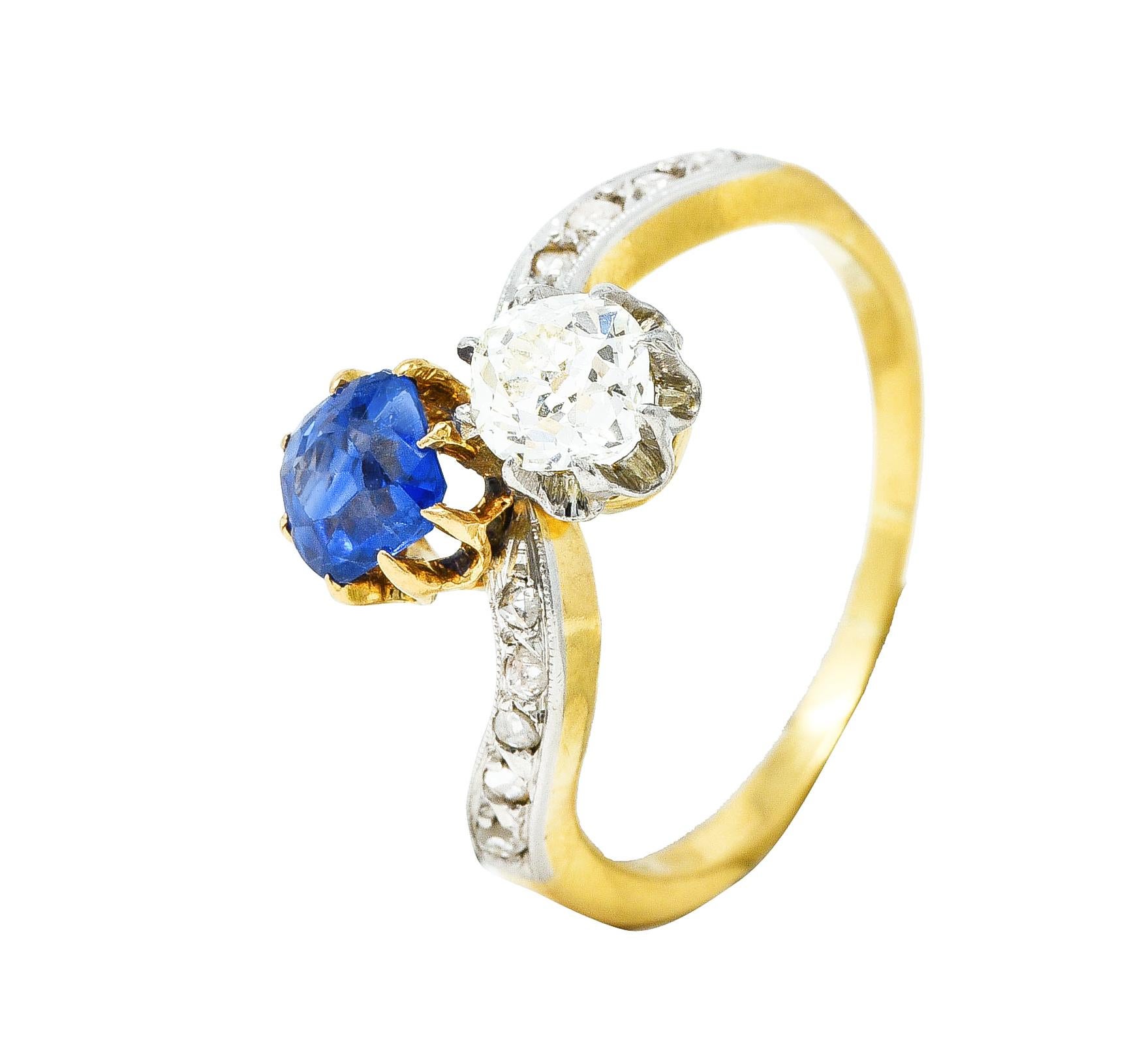 French Edwardian 1.47 Carats Sapphire Diamond PlatinumToi Et Moi Antique Ring 3