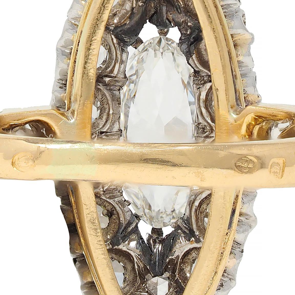 French Edwardian 1.84 CTW Diamond Platinum 18K Gold Antique Navette Ring GIA For Sale 5