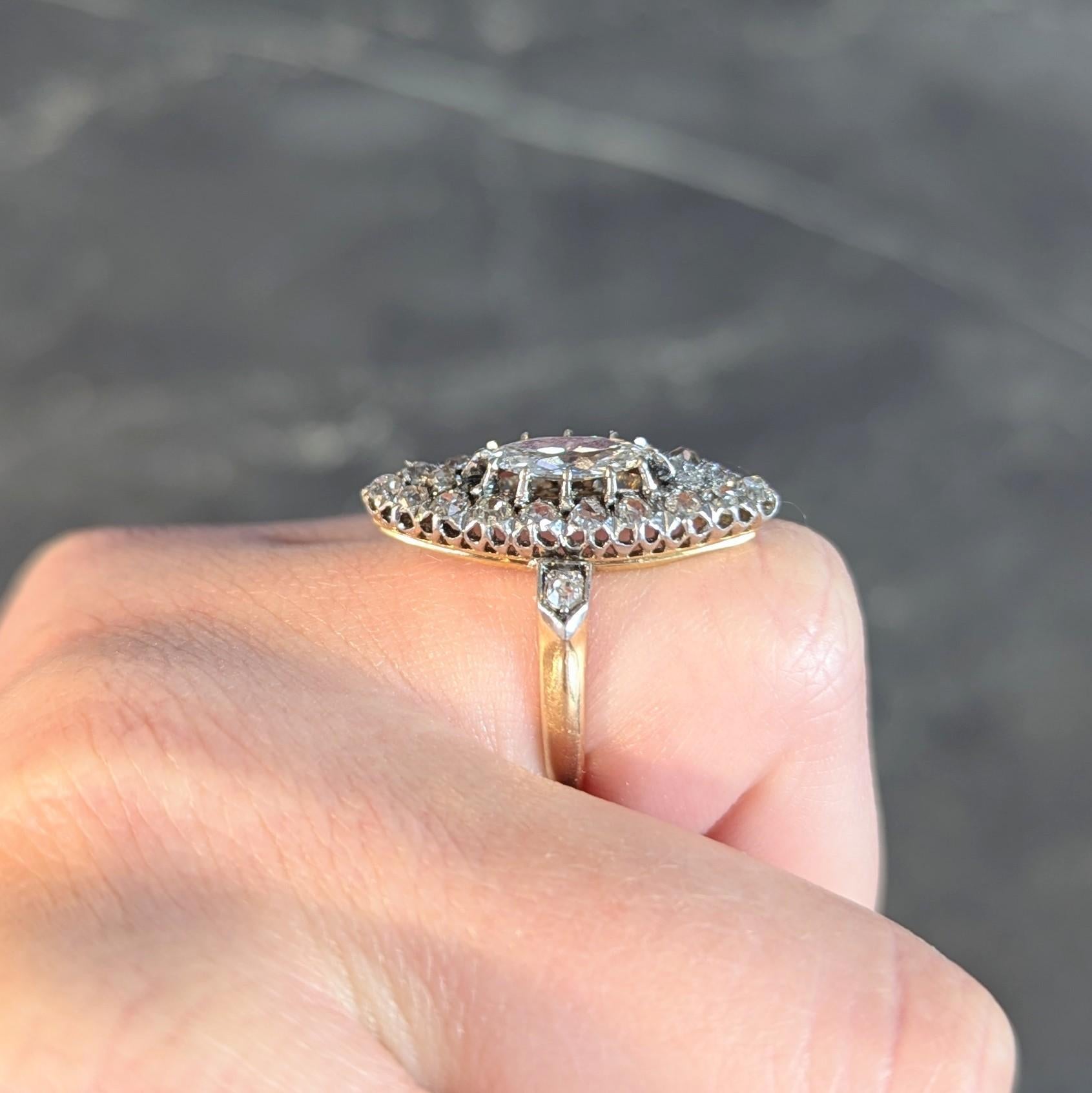French Edwardian 1.84 CTW Diamond Platinum 18K Gold Antique Navette Ring GIA For Sale 8