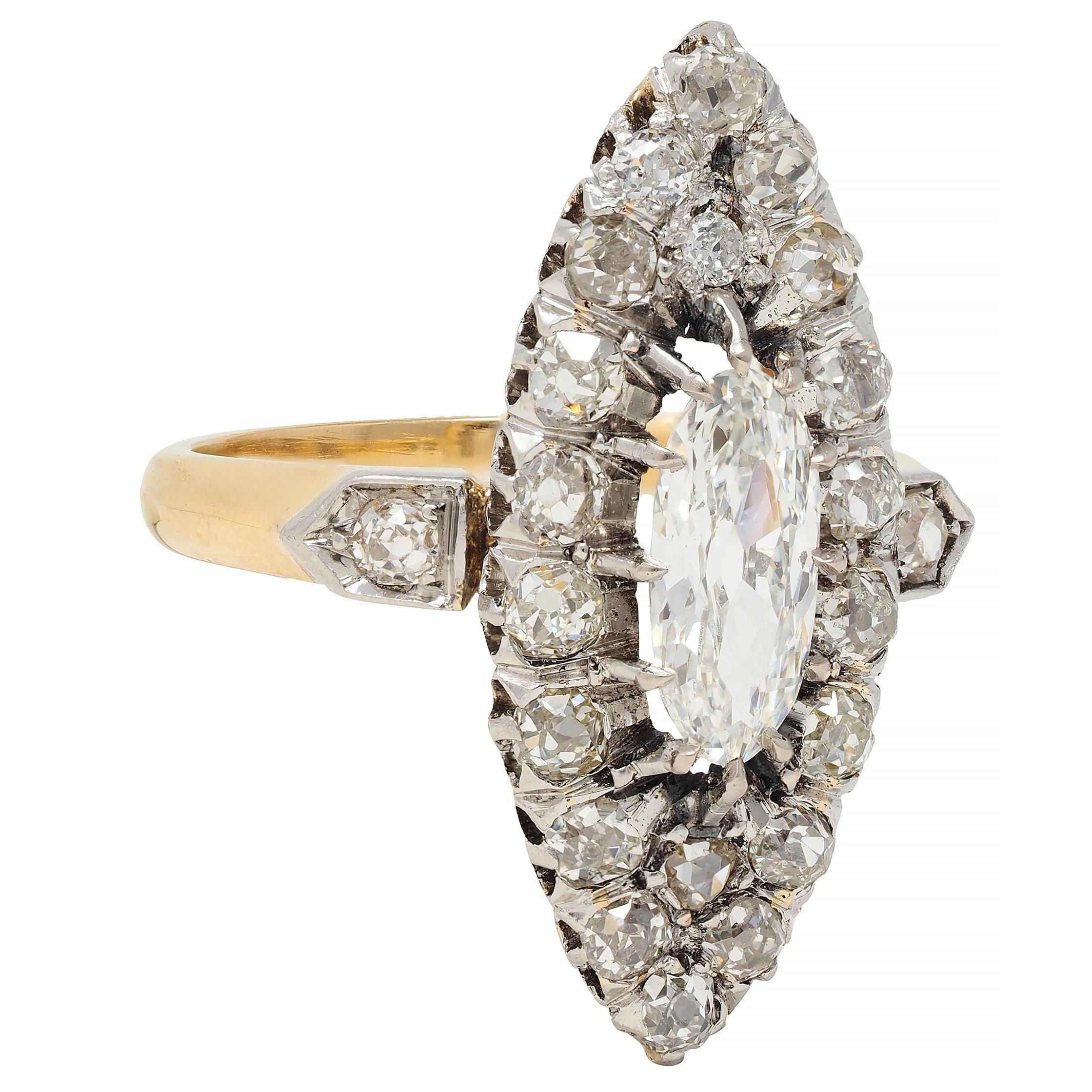 Oval Cut French Edwardian 1.84 CTW Diamond Platinum 18K Gold Antique Navette Ring GIA For Sale