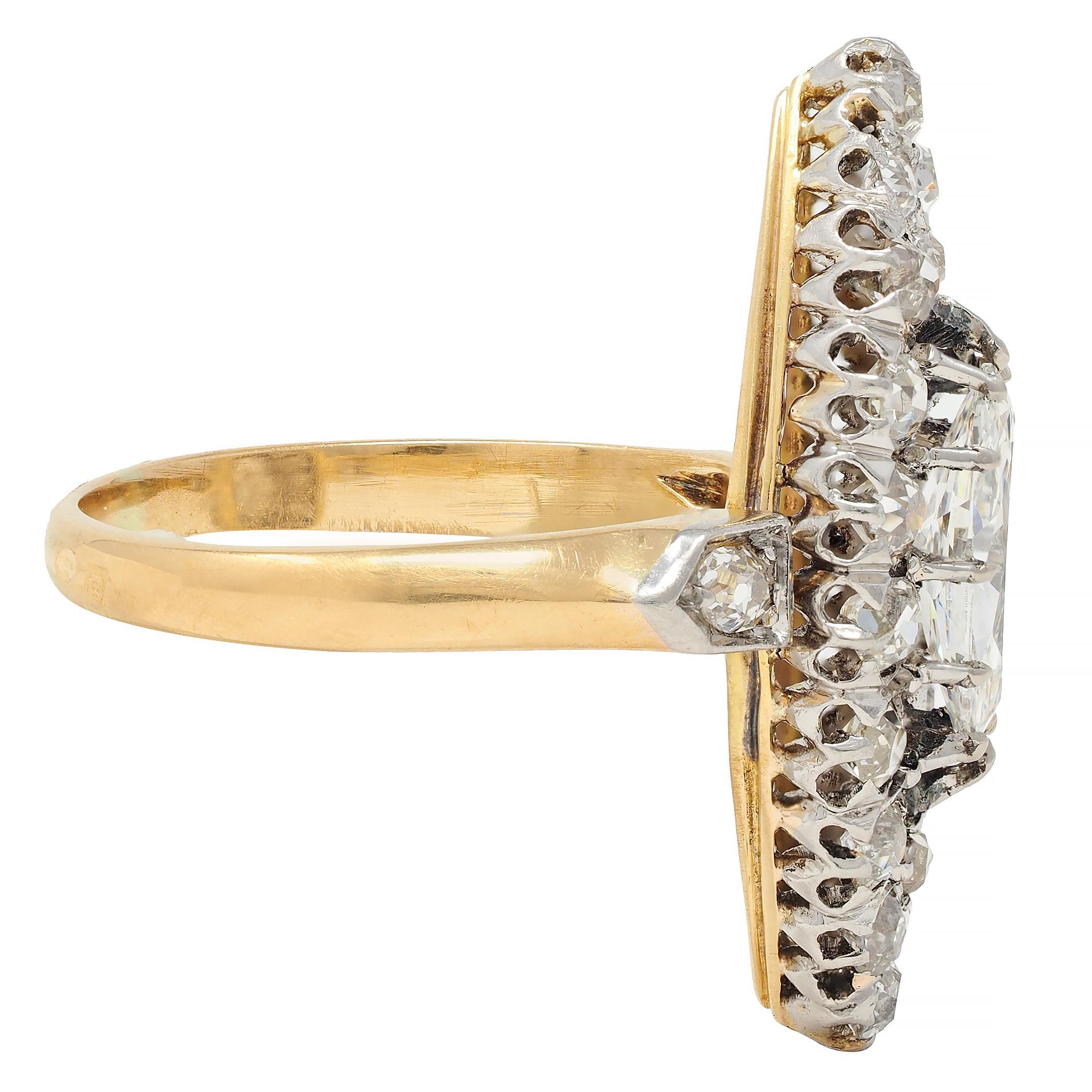 French Edwardian 1.84 CTW Diamond Platinum 18K Gold Antique Navette Ring GIA In Excellent Condition For Sale In Philadelphia, PA