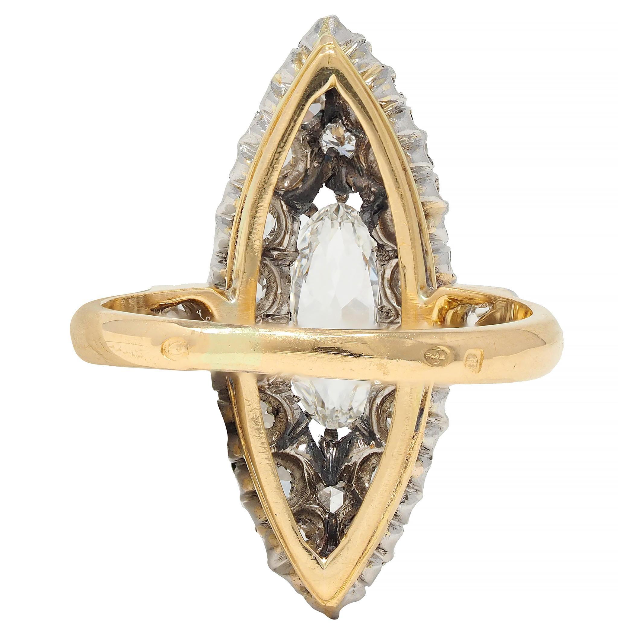 Women's or Men's French Edwardian 1.84 CTW Diamond Platinum 18K Gold Antique Navette Ring GIA For Sale