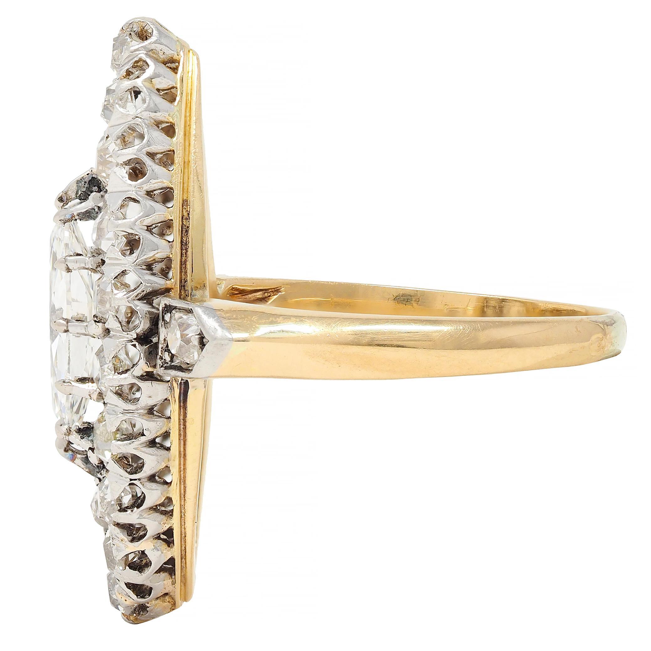 French Edwardian 1.84 CTW Diamond Platinum 18K Gold Antique Navette Ring GIA For Sale 1