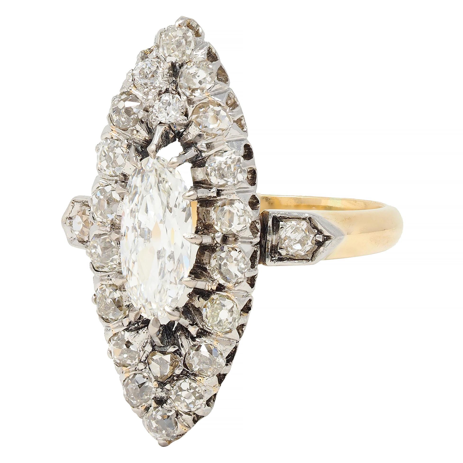 French Edwardian 1.84 CTW Diamond Platinum 18K Gold Antique Navette Ring GIA For Sale 2