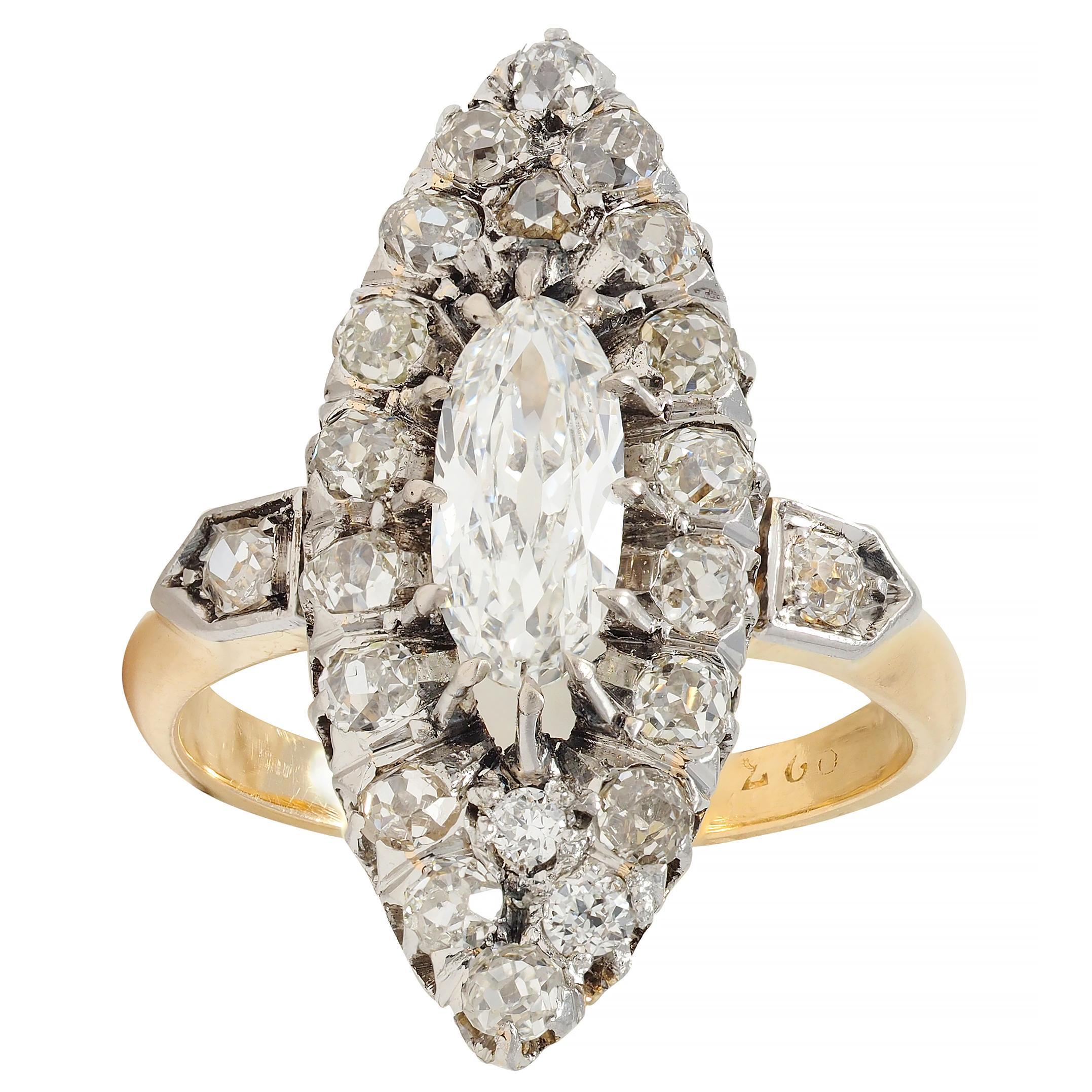 French Edwardian 1.84 CTW Diamond Platinum 18K Gold Antique Navette Ring GIA For Sale 3