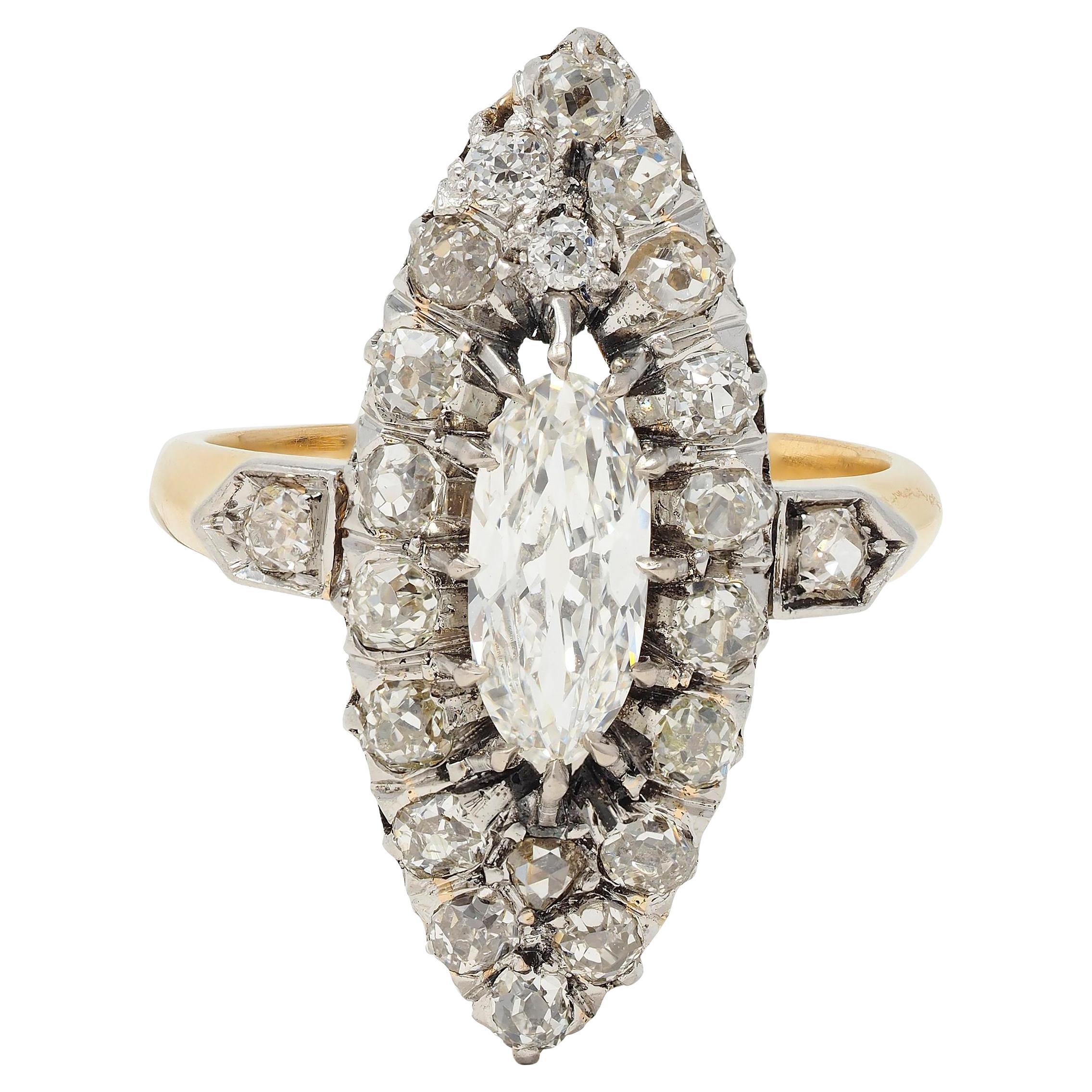 French Edwardian 1.84 CTW Diamond Platinum 18K Gold Antique Navette Ring GIA