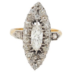 French Edwardian 1.84 CTW Diamond Platinum 18K Gold Antique Navette Ring GIA