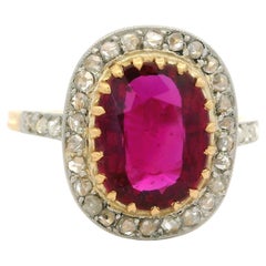 Anello francese edoardiano in oro e platino GIA da 2,13 carati senza calore con diamante e rubino aureolato