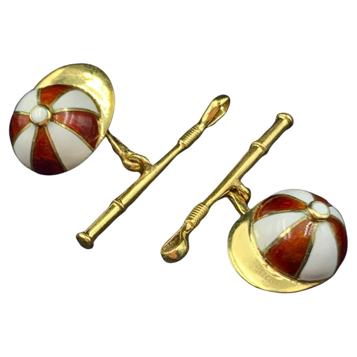 Französisch Edwardian 18K Gelbgold Polychrome Emaille Reiter Interesse Manschettenknöpfe