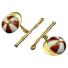 French Edwardian 18K Yellow Gold Polychrome Enamel Equestrian Interest Cufflinks