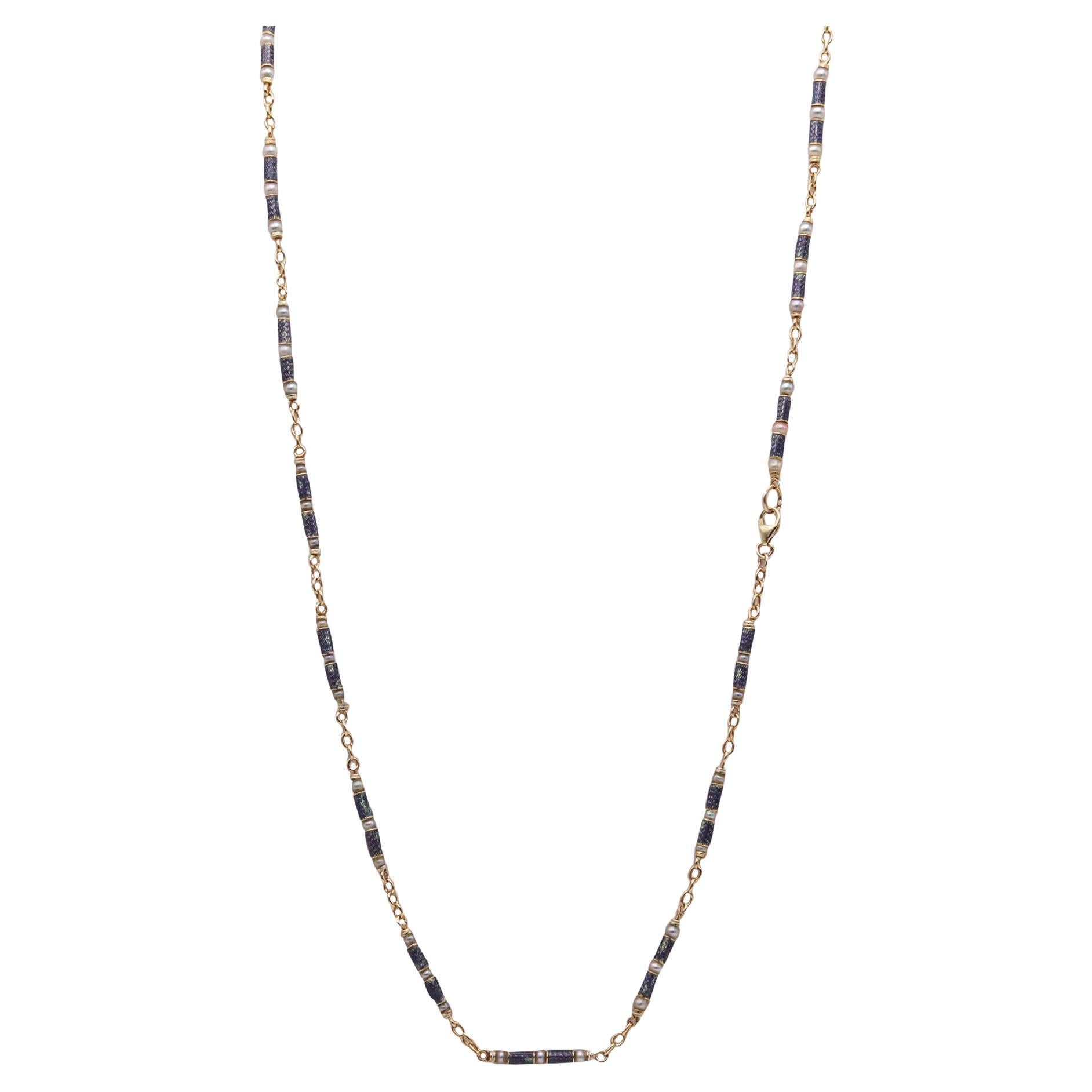 French Edwardian 1900-1905 Pearls Chain In 18Kt Gold With Guilloche Blue Enamel For Sale