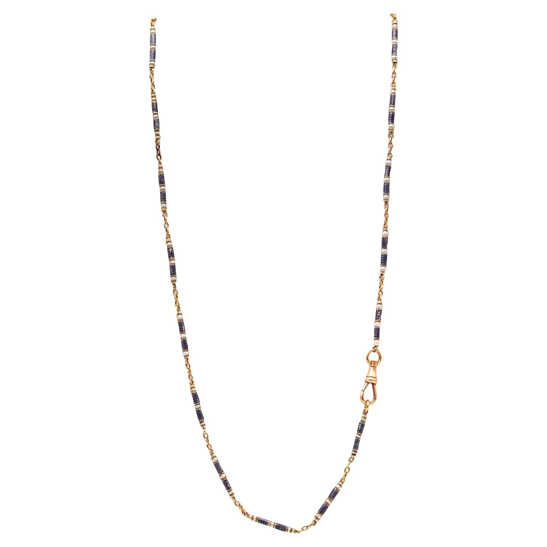 French Edwardian 1905 Chain In 18Kt Gold With Guilloche Blue Enamel and Pearls For Sale