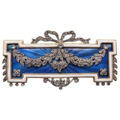 French Edwardian 1905 Guilloche Enamel Brooch Pendant Platinum 18Kt & Diamonds