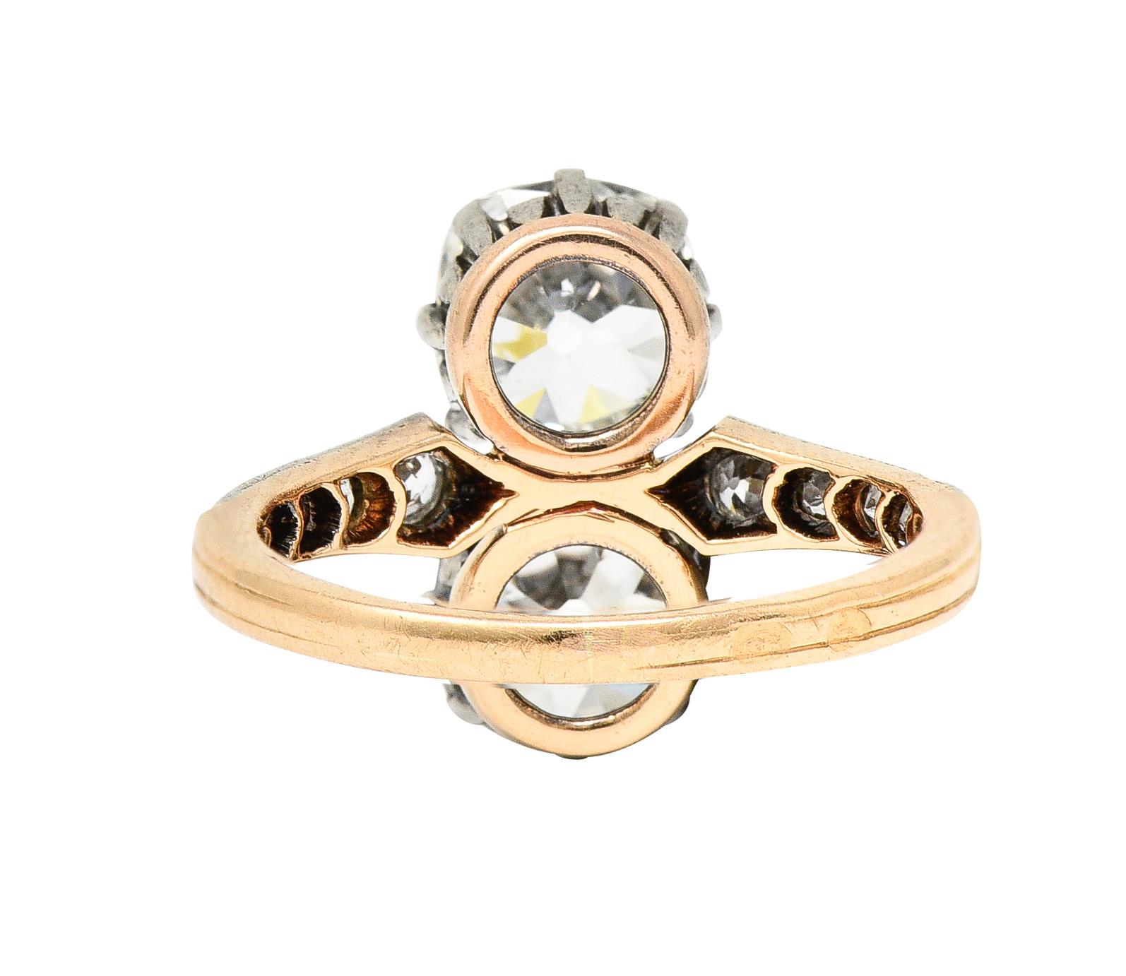Women's or Men's French Edwardian 2.74 CTW Old Mine Cut Diamond Toi-Et-Moi Silver 14 Karat Ring For Sale