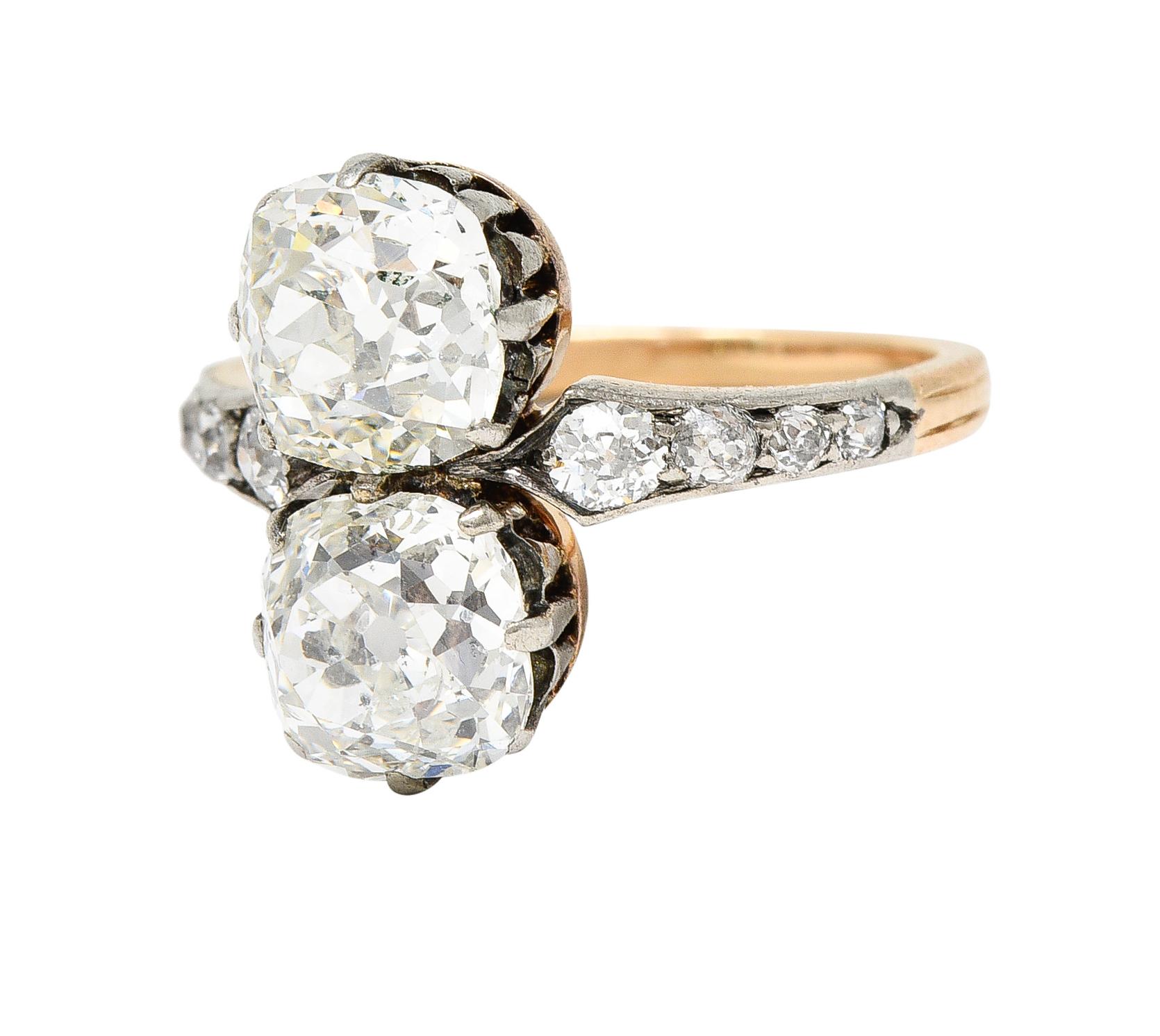 French Edwardian 2.74 CTW Old Mine Cut Diamond Toi-Et-Moi Silver 14 Karat Ring For Sale 1